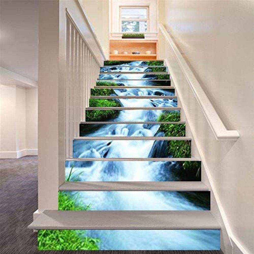 6pcs Waterproof Waterfall Pattern Stair Stickers 3D Self Adhesive Wall Floor view 7
