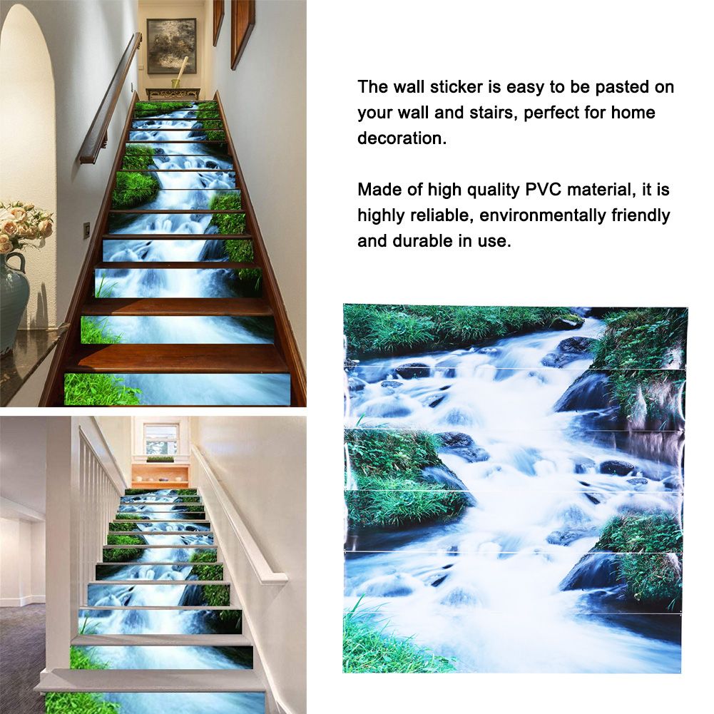 6pcs Waterproof Waterfall Pattern Stair Stickers 3D Self Adhesive Wall Floor view 8