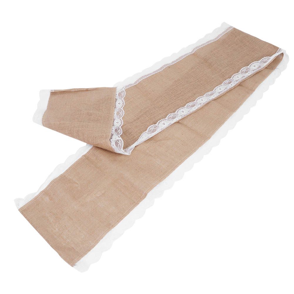 Jute Cloth Table Runner Tablecloth with Lace Edge Craft Wedding Home Table view 2