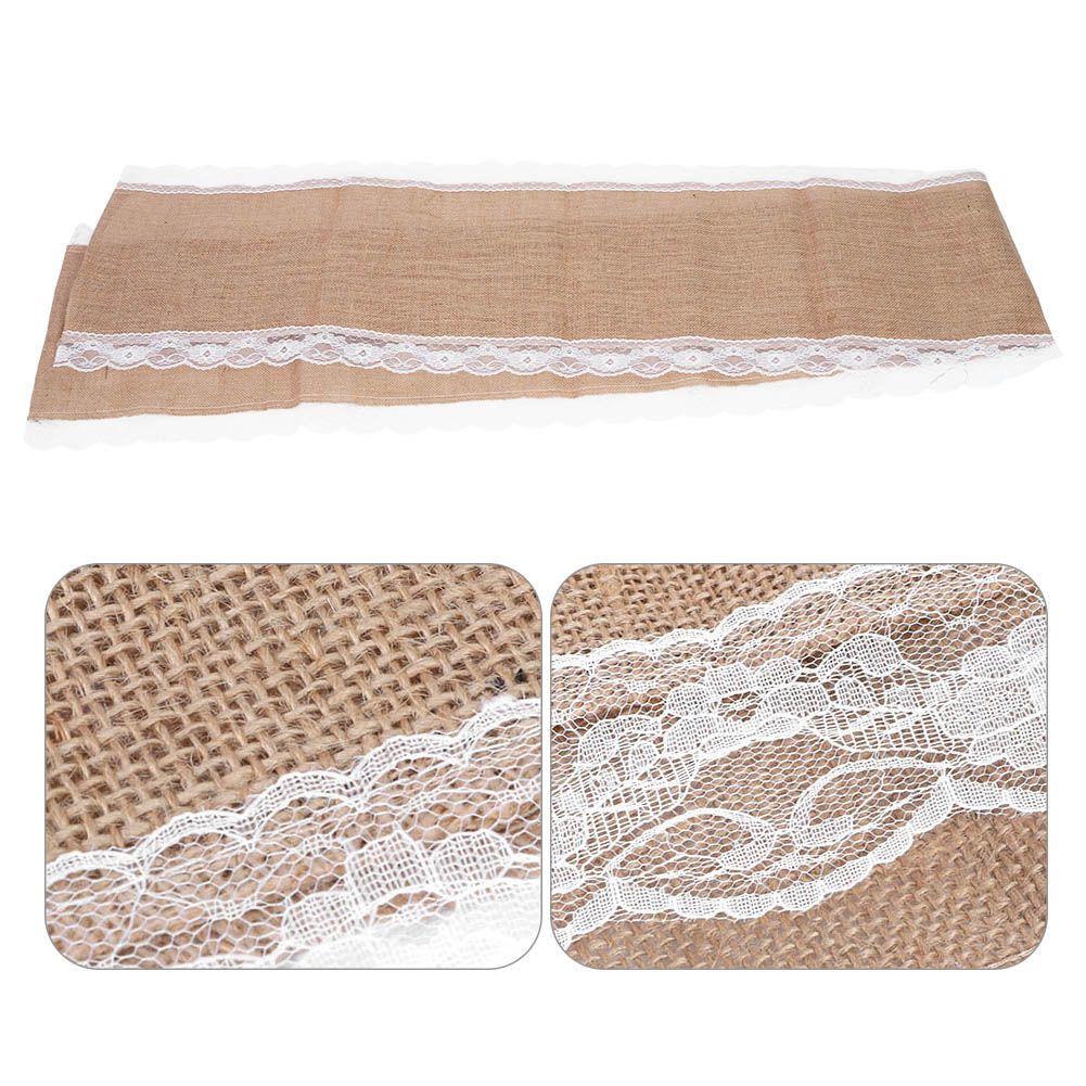 Jute Cloth Table Runner Tablecloth with Lace Edge Craft Wedding Home Table view 5