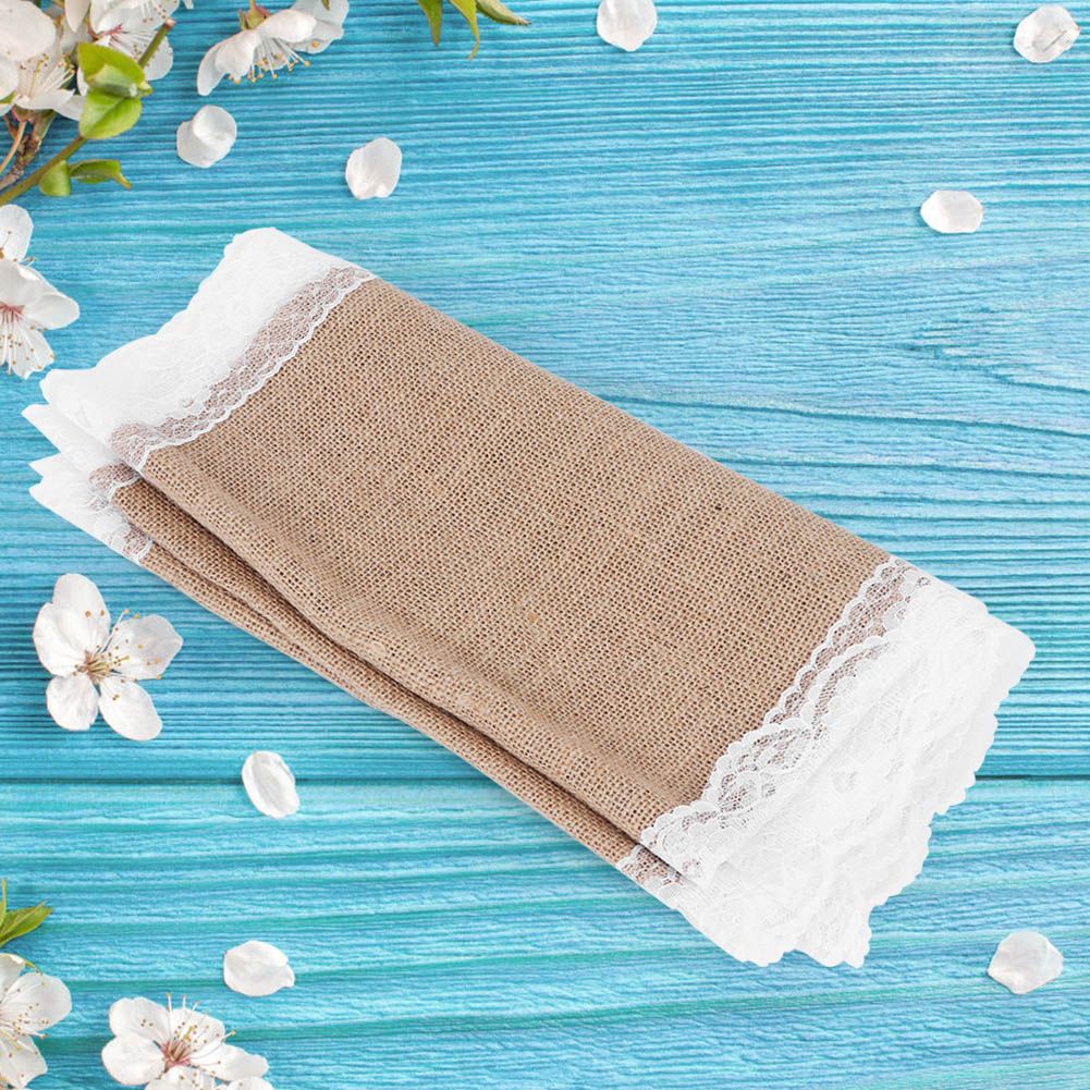 Jute Cloth Table Runner Tablecloth with Lace Edge Craft Wedding Home Table view 6