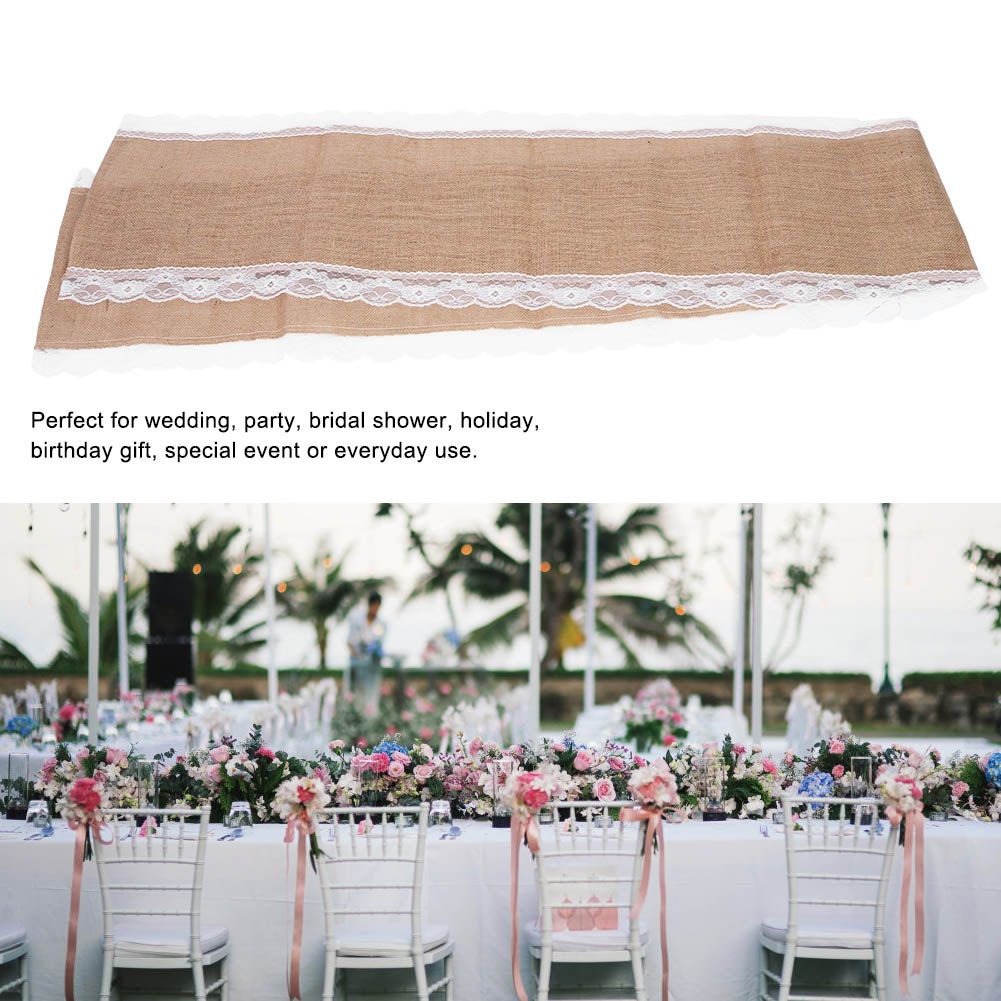 Jute Cloth Table Runner Tablecloth with Lace Edge Craft Wedding Home Table view 7