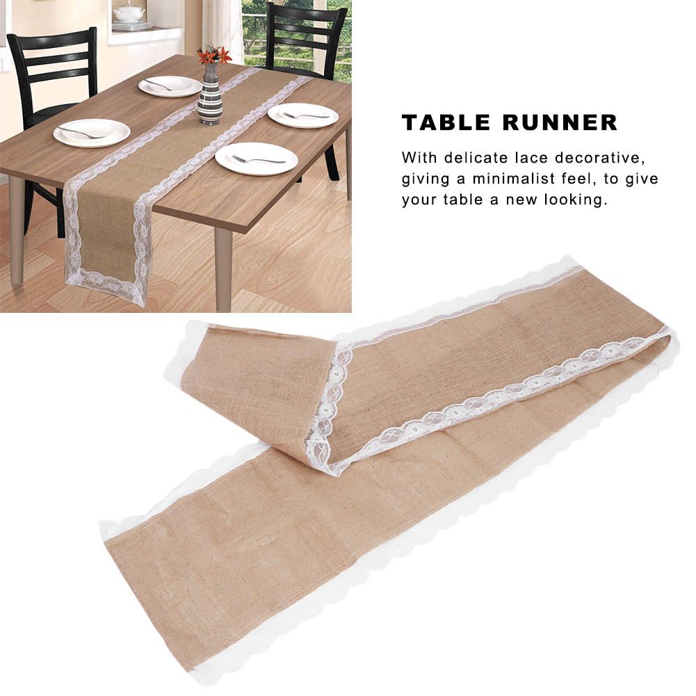 Jute Cloth Table Runner Tablecloth with Lace Edge Craft Wedding Home Table view 8