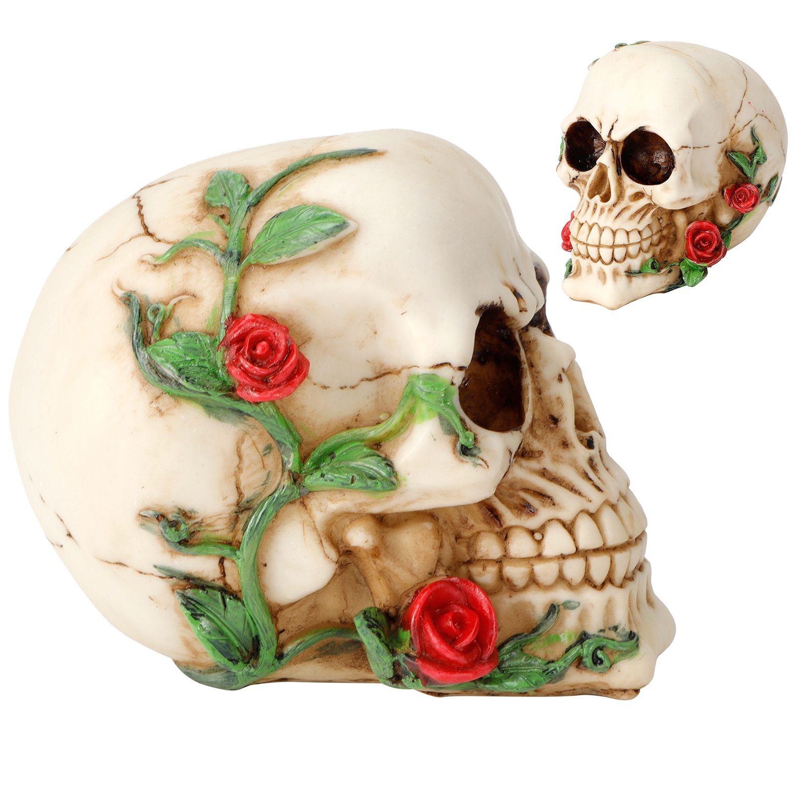 Horrible Resin Skull Skeleton with Rose Flower Crafts for Halloween Festive view 7