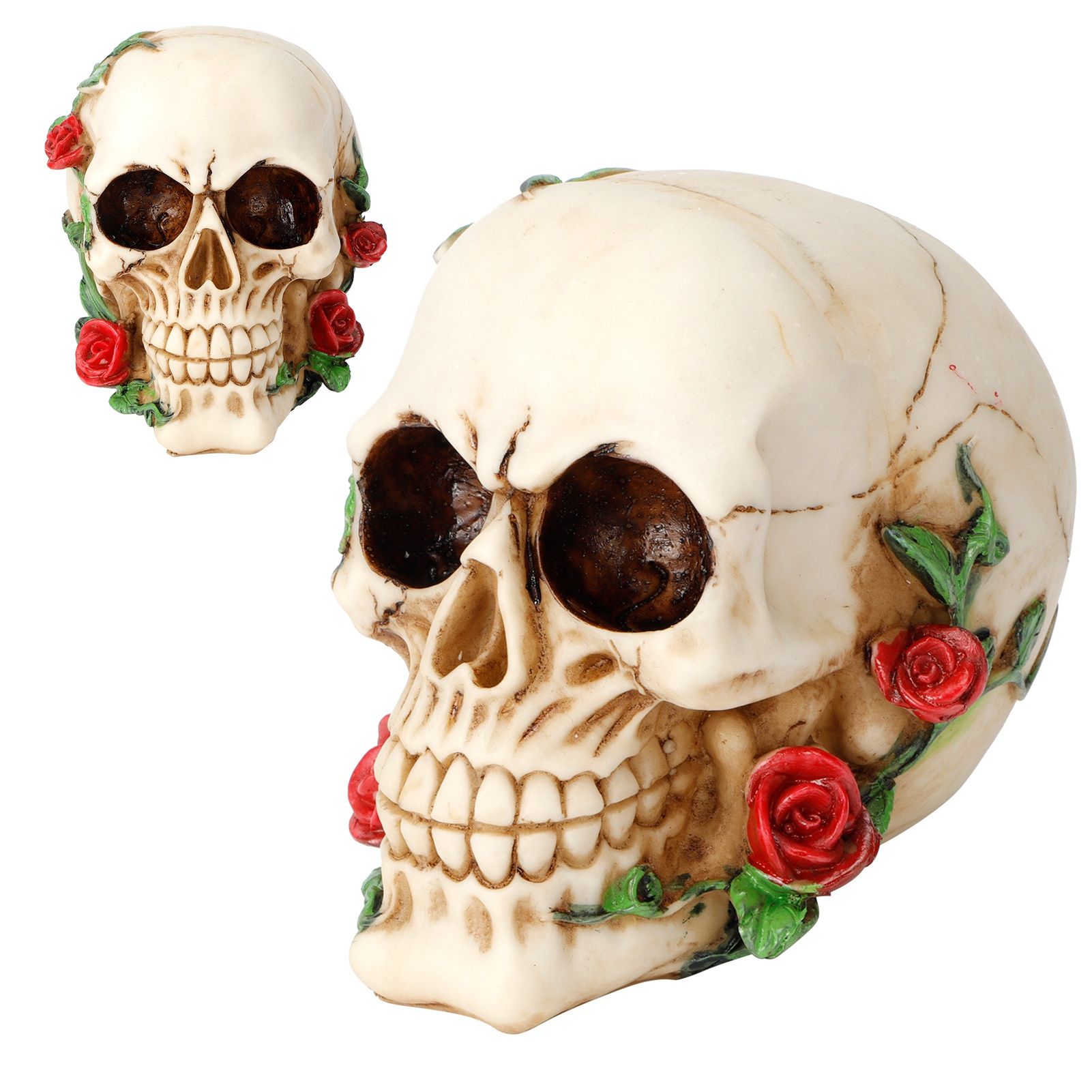 Horrible Resin Skull Skeleton with Rose Flower Crafts for Halloween Festive view 8