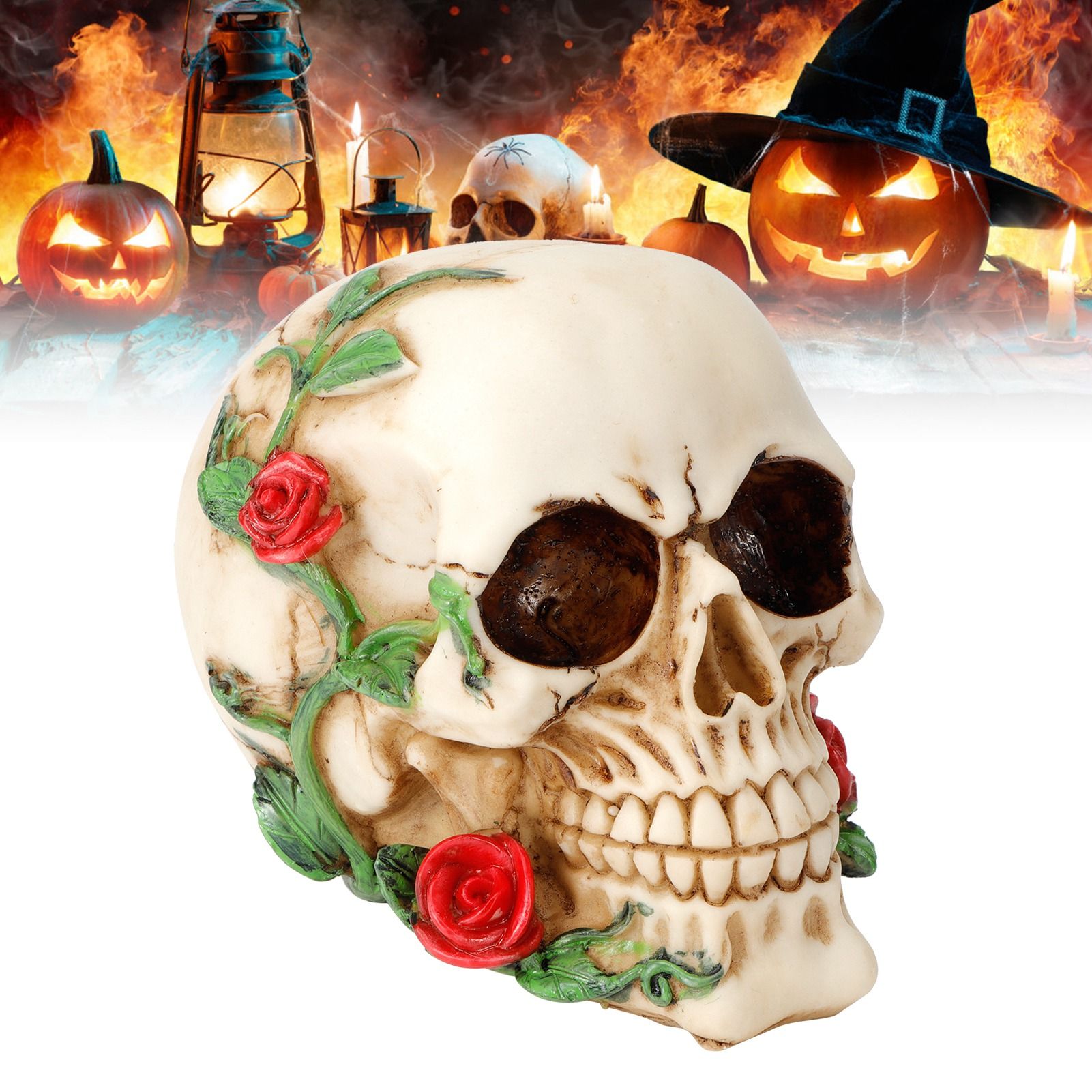 Horrible Resin Skull Skeleton with Rose Flower Crafts for Halloween Festive view 9