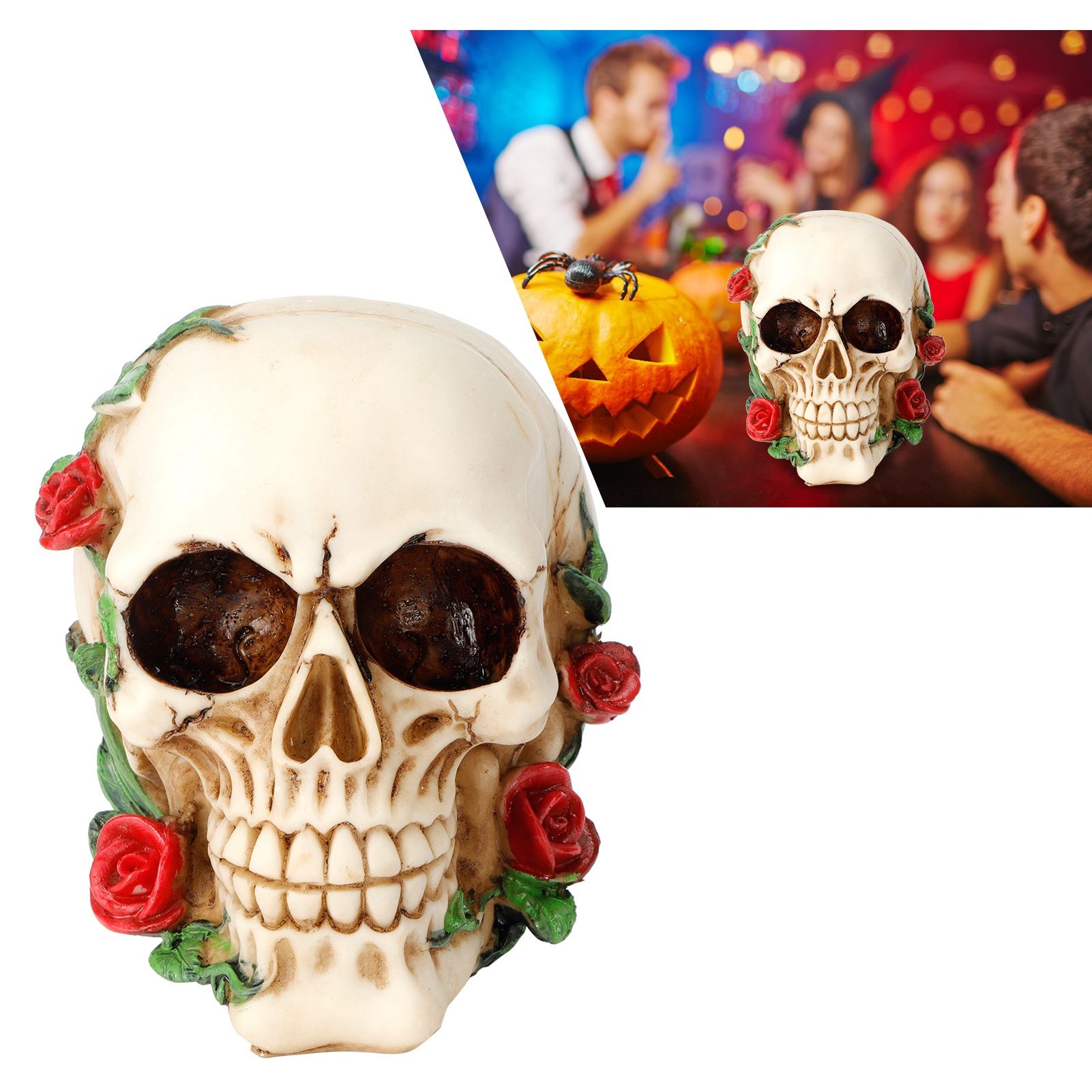 Horrible Resin Skull Skeleton with Rose Flower Crafts for Halloween Festive view 10