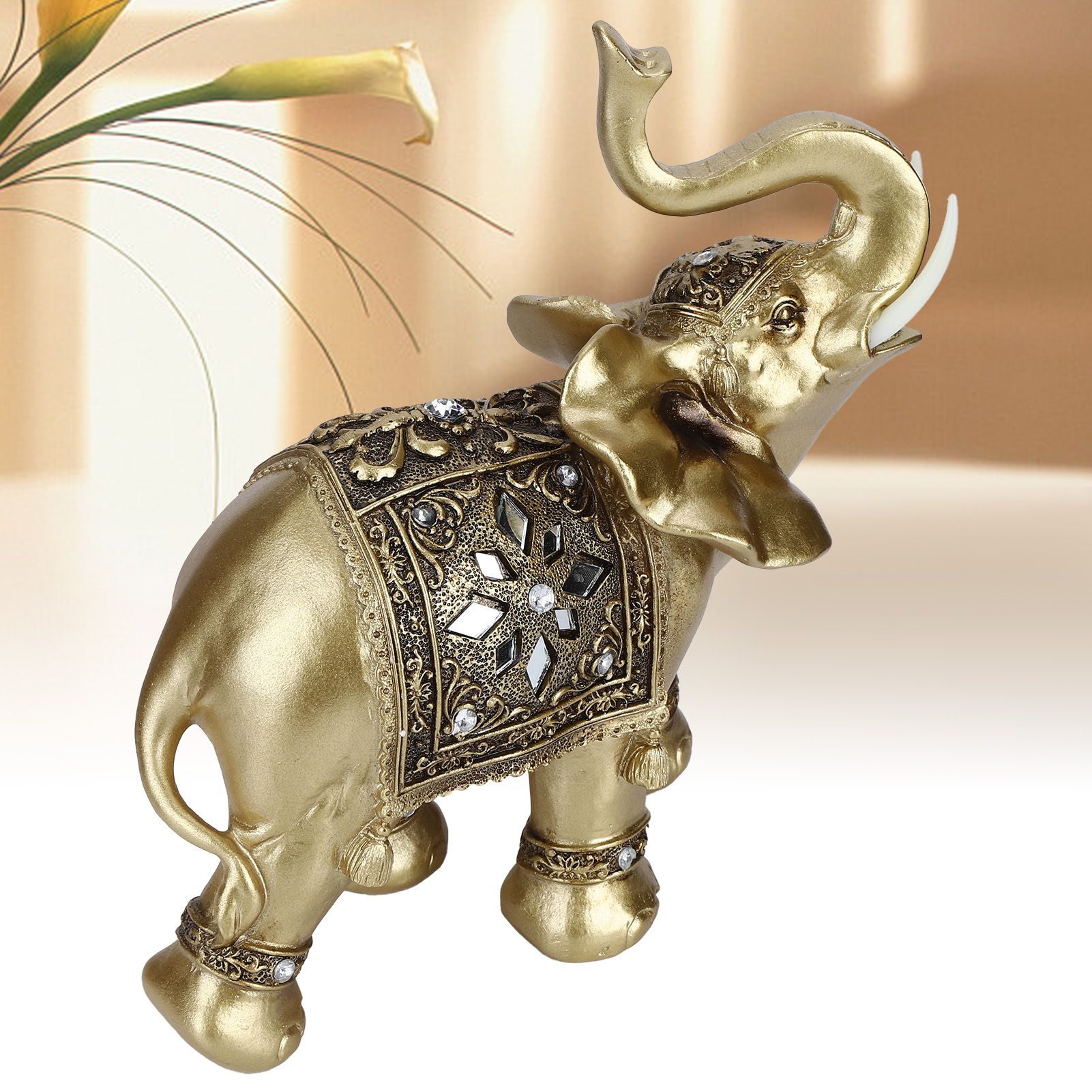 Golden Resin Elegant Elephant Statue Figurine Crafts Feng Shui Ornaments for view 9