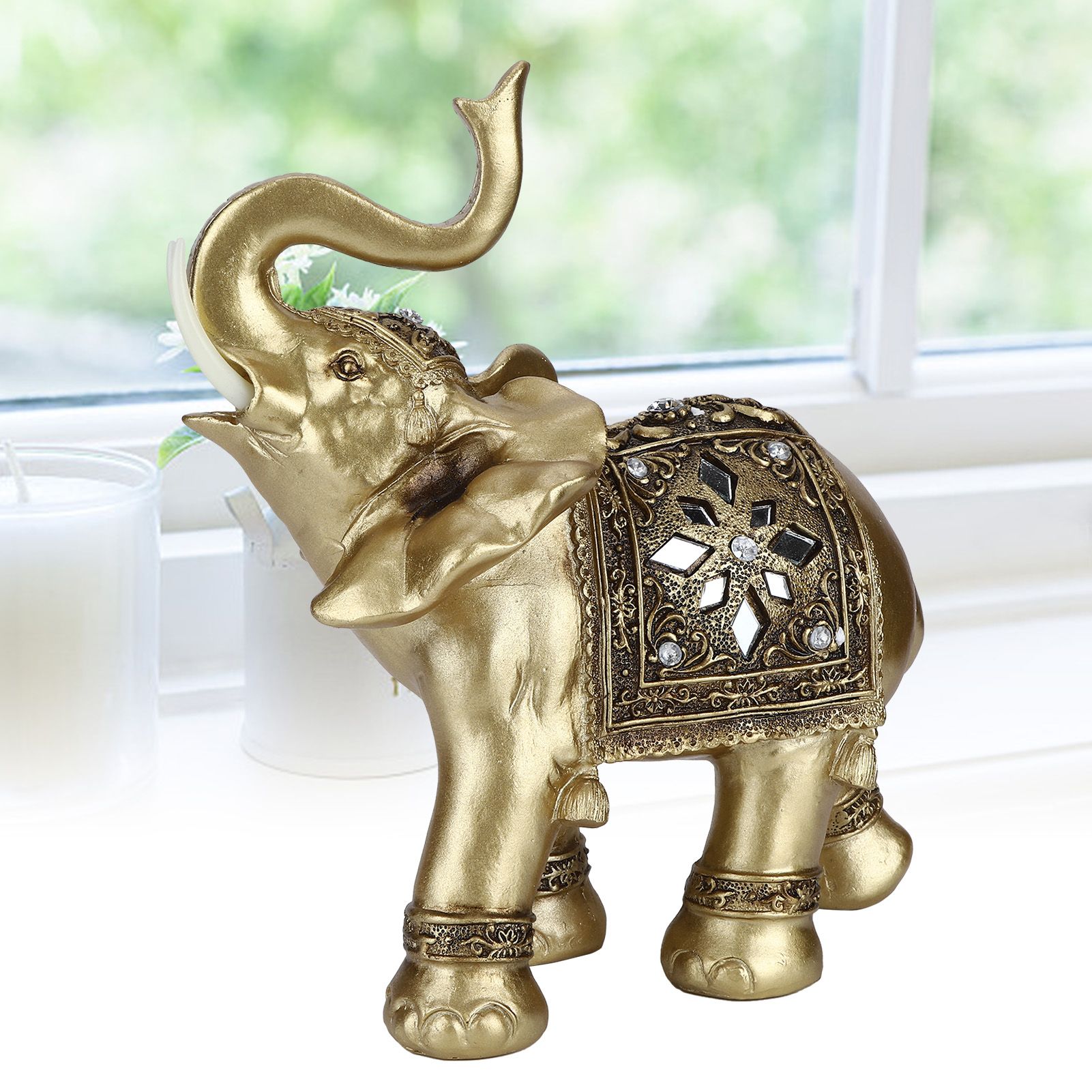 Golden Resin Elegant Elephant Statue Figurine Crafts Feng Shui Ornaments for view 10