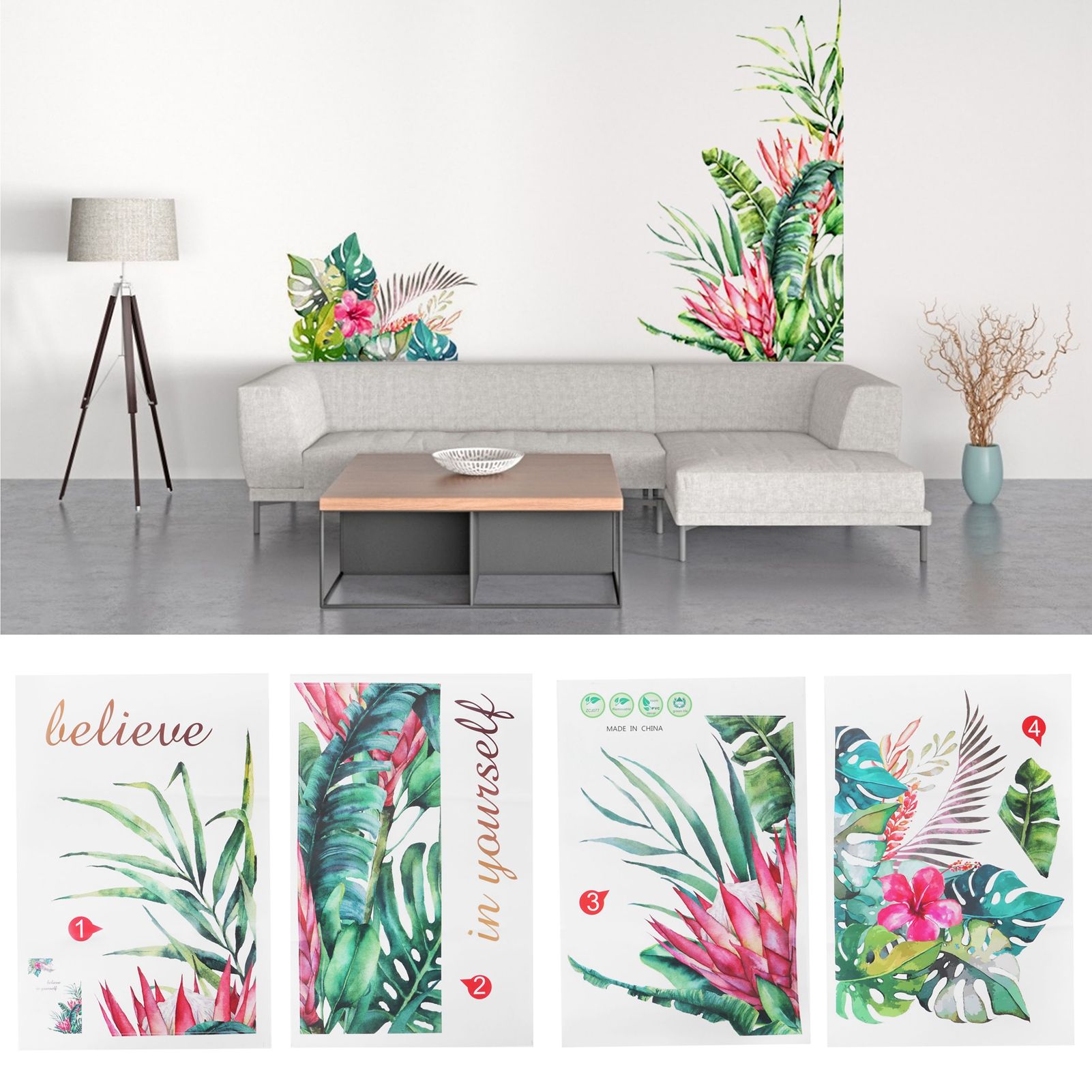 Plant Flowers Pattern Wall Stickers Self Adhesive Wall Decals for Living Room view 11
