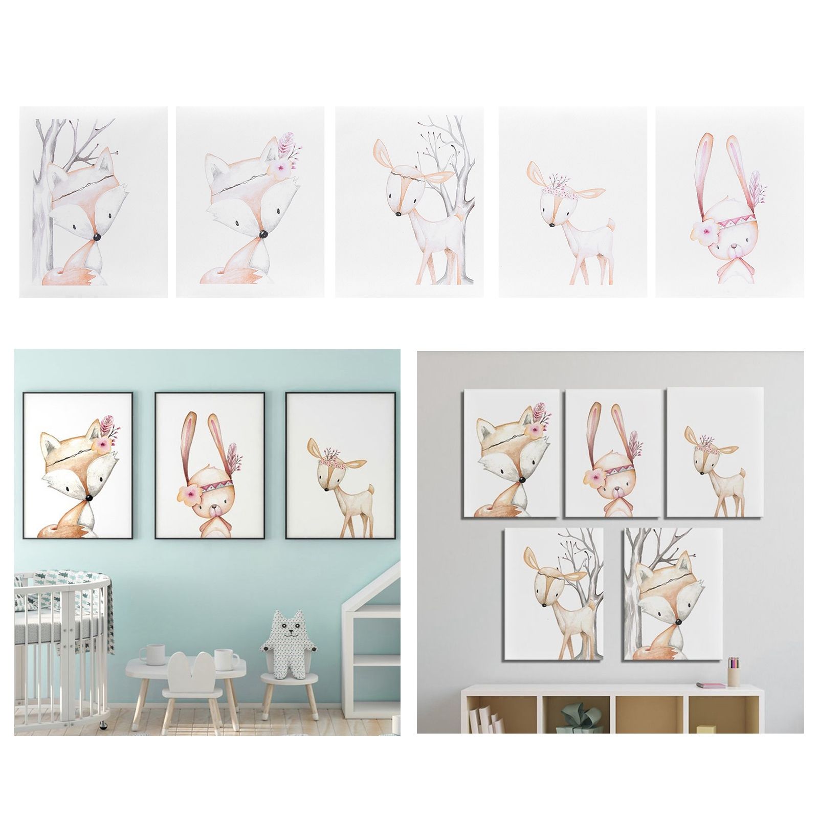 5Pcs Wall Painting Set Cartoon Animal Pattern Wall Art Picture Bedroom Living view 11