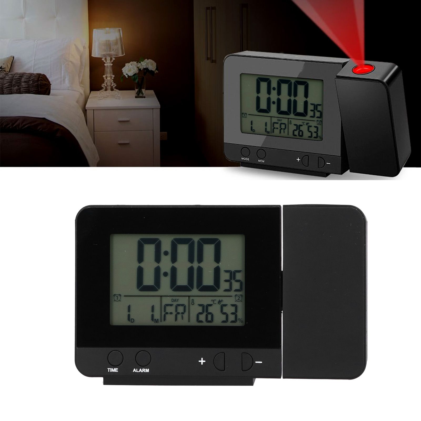 Black Projection Clock with Time Temperature LCD Screen USB Charging Clock for view 11