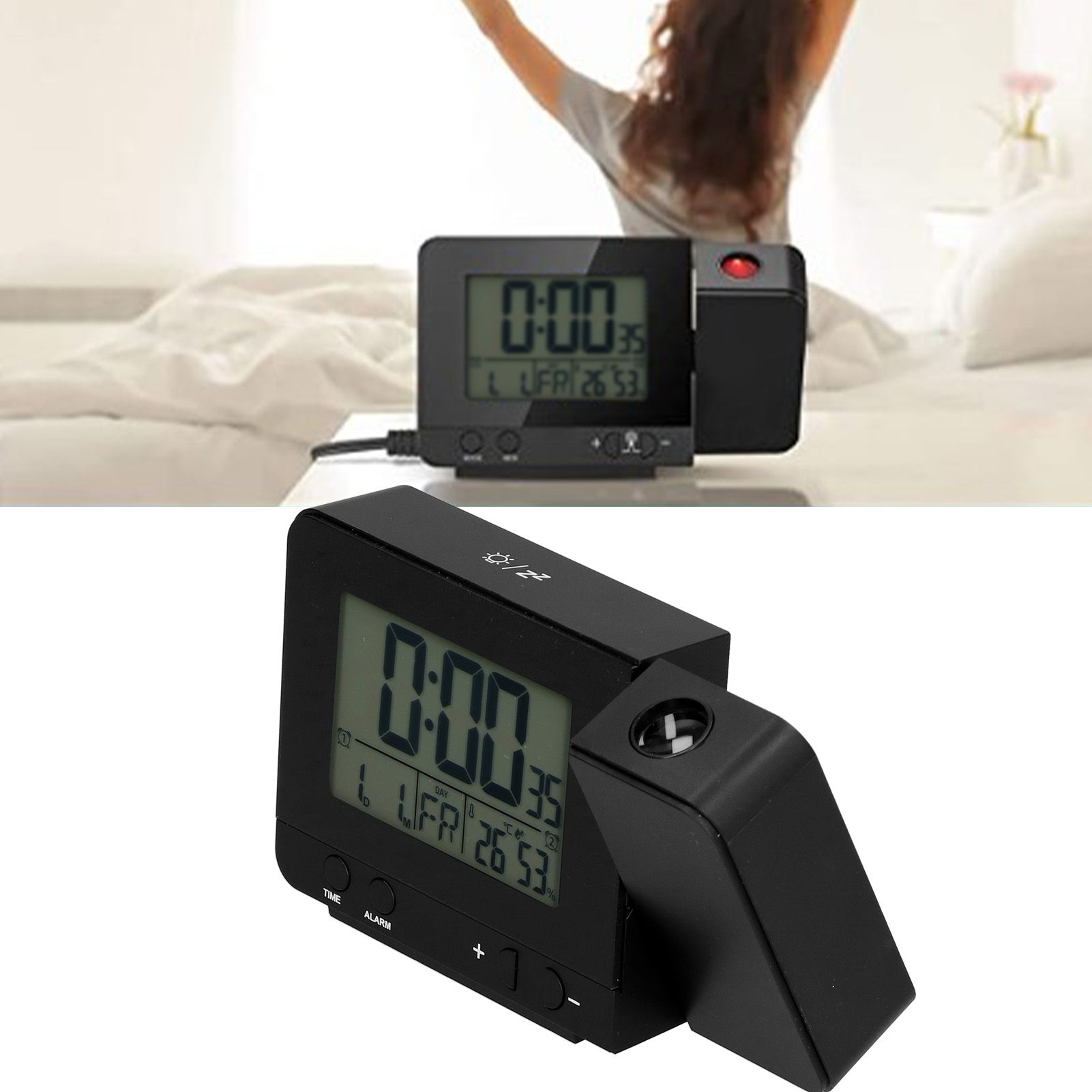 Black Projection Clock with Time Temperature LCD Screen USB Charging Clock for view 12