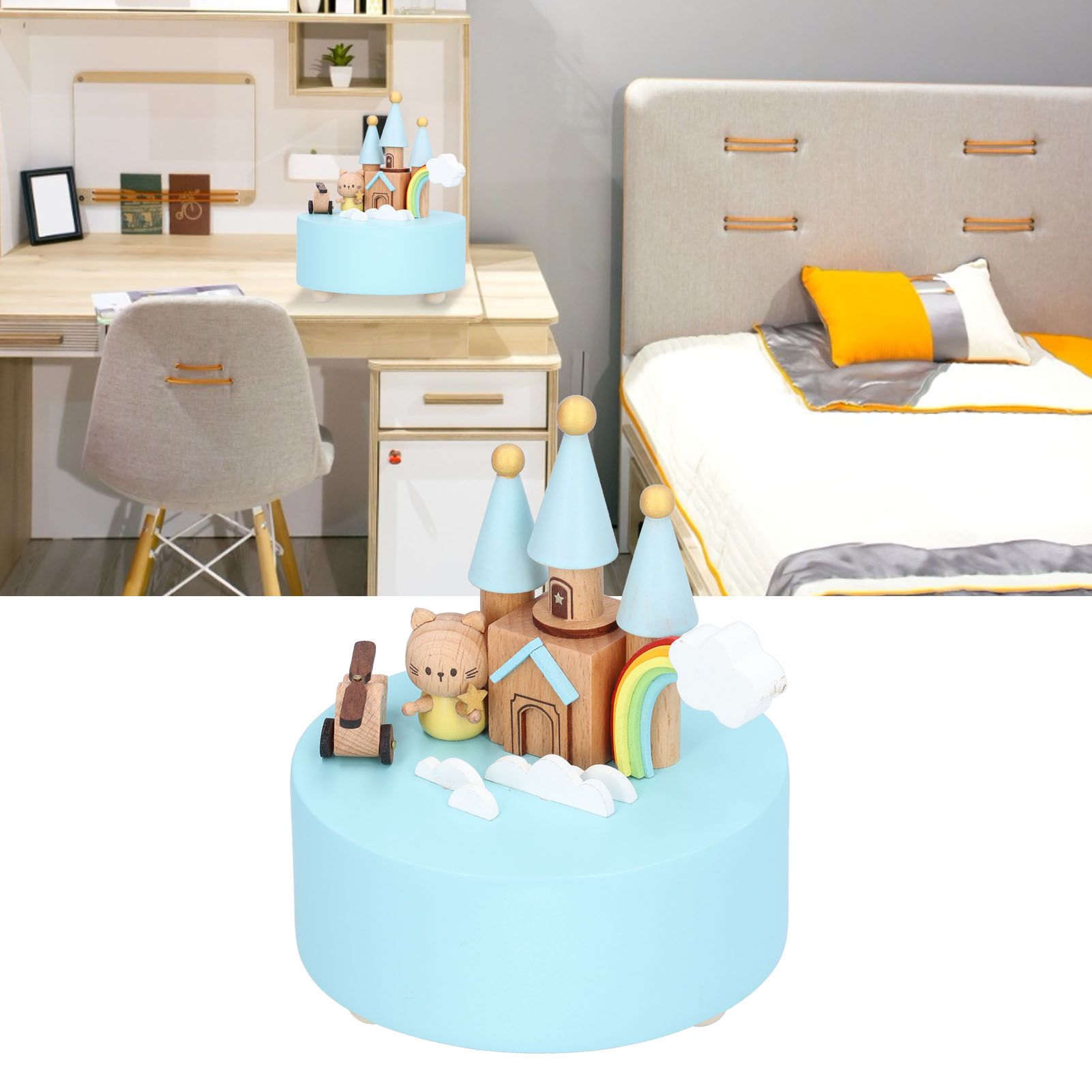 Castle Shaped Music Box Desktop Wooden Craft Ornament for Living Room Bedroom view 12