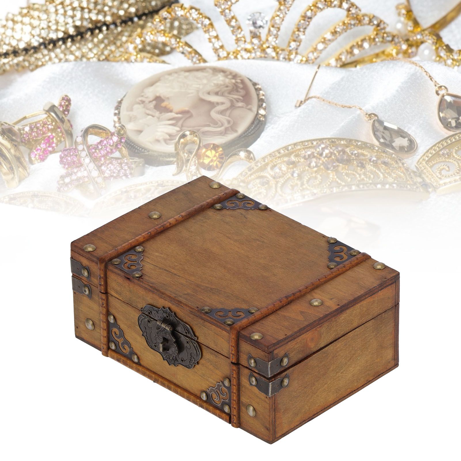 Wooden Box Antique Jewelry Storage Box Case Scene Props Dressing Table Home view 12