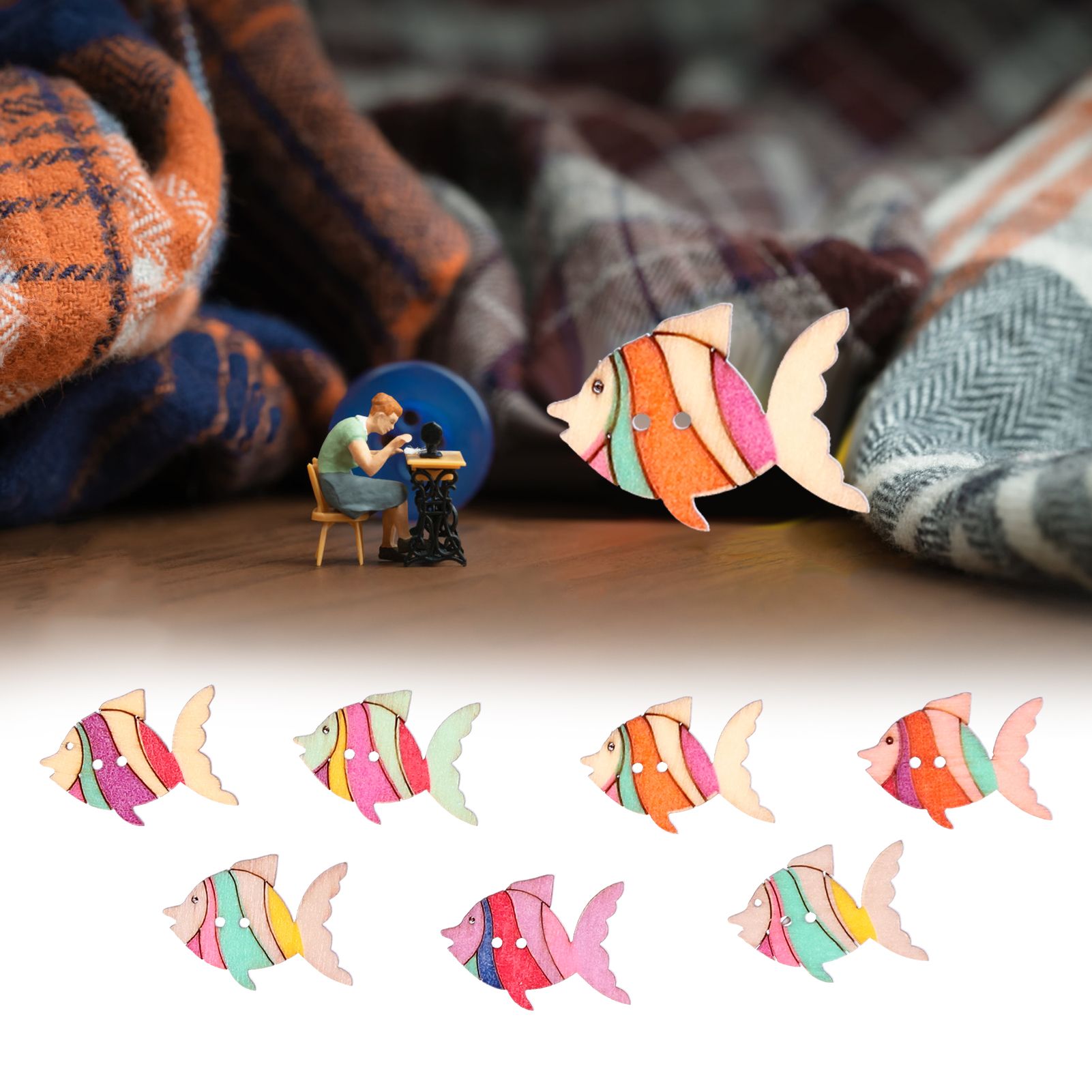 50pcs Wooden Buttons Cartoon Cute Fish Pattern Button Decoration Children's view 12