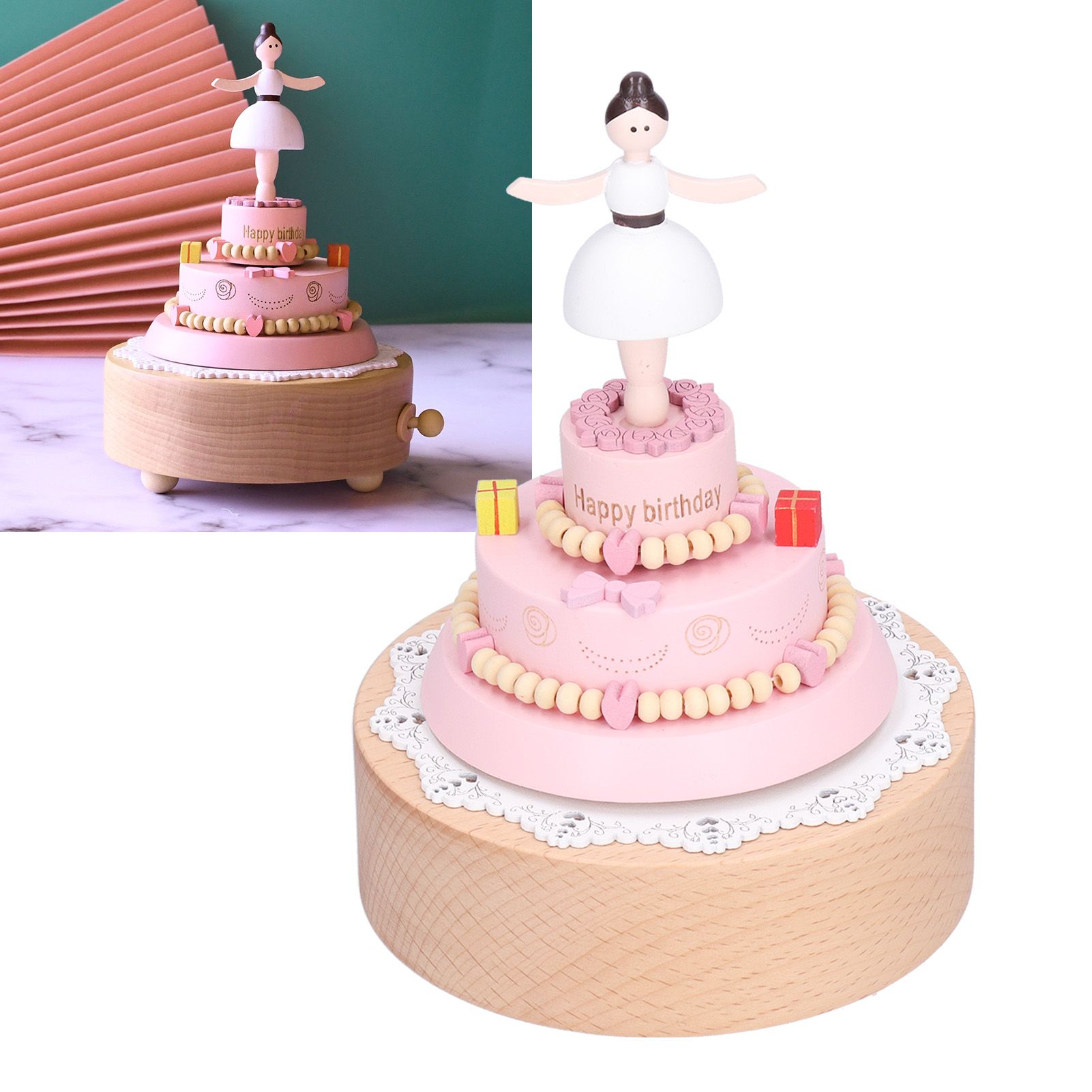 Wooden Music Box Girl Figure Birthday Cake Music Box Wooden Craft Decorations view 11