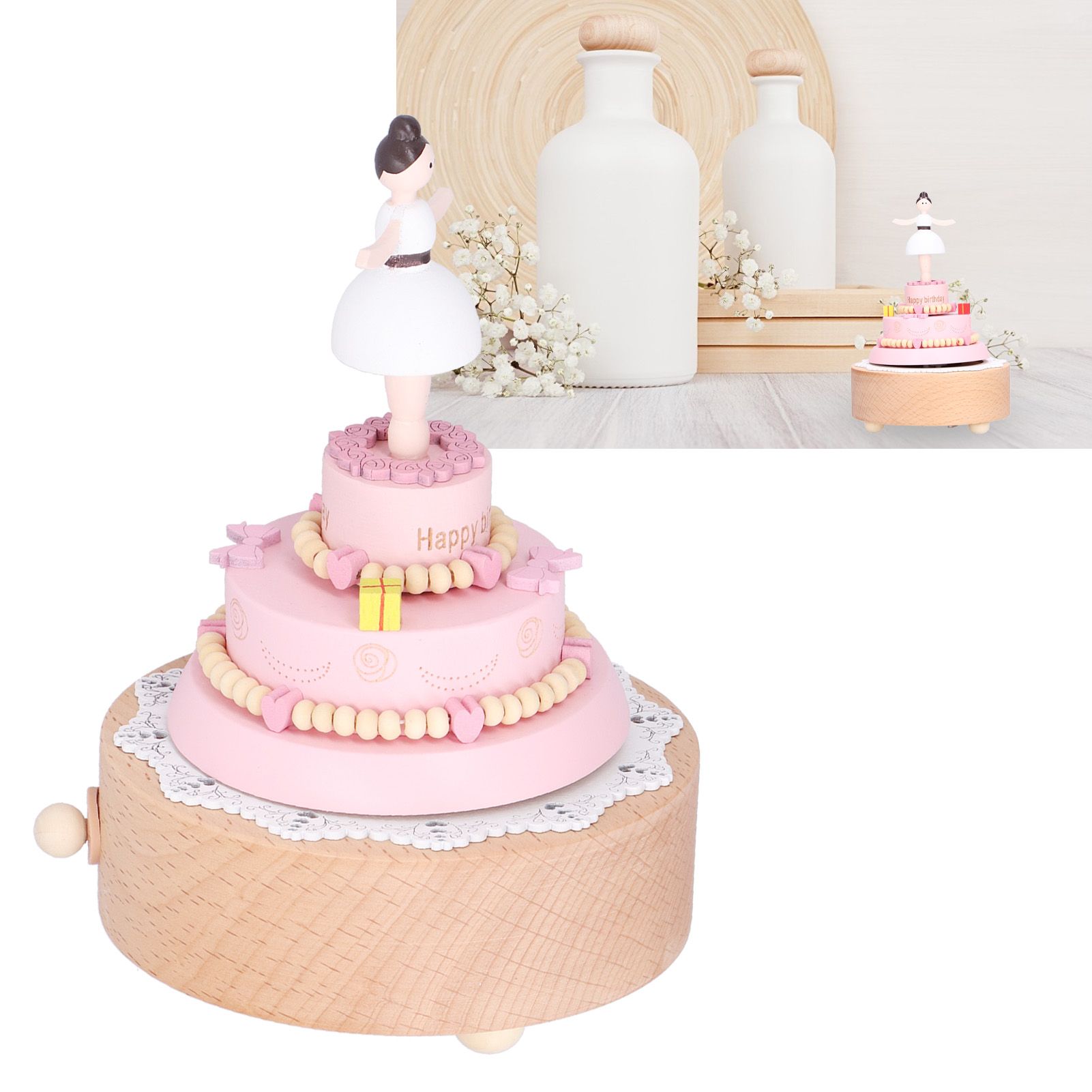 Wooden Music Box Girl Figure Birthday Cake Music Box Wooden Craft Decorations view 12