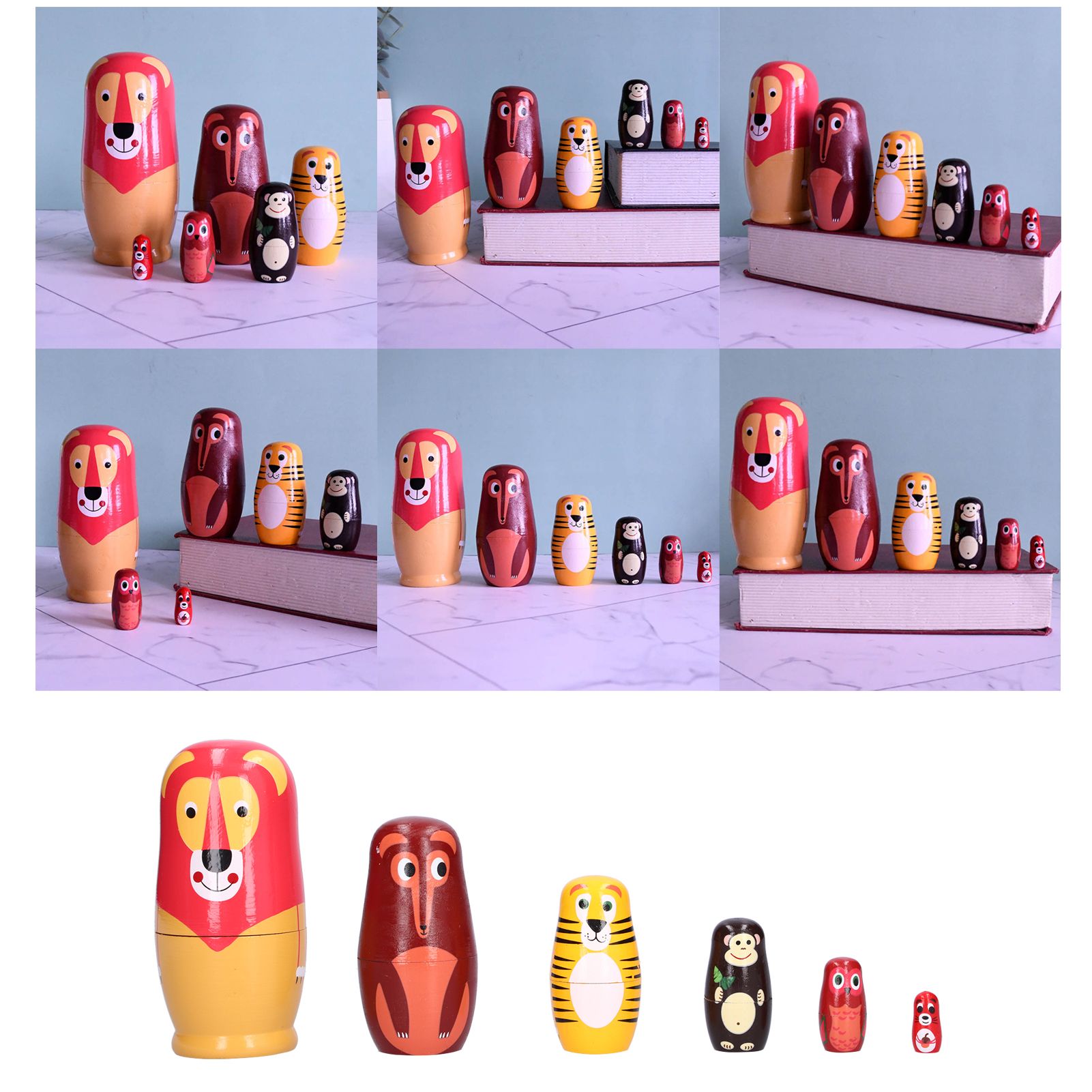 6Pcs Russian Nesting Dolls Kit Wooden Cartoon Animal Pattern Ornament view 11