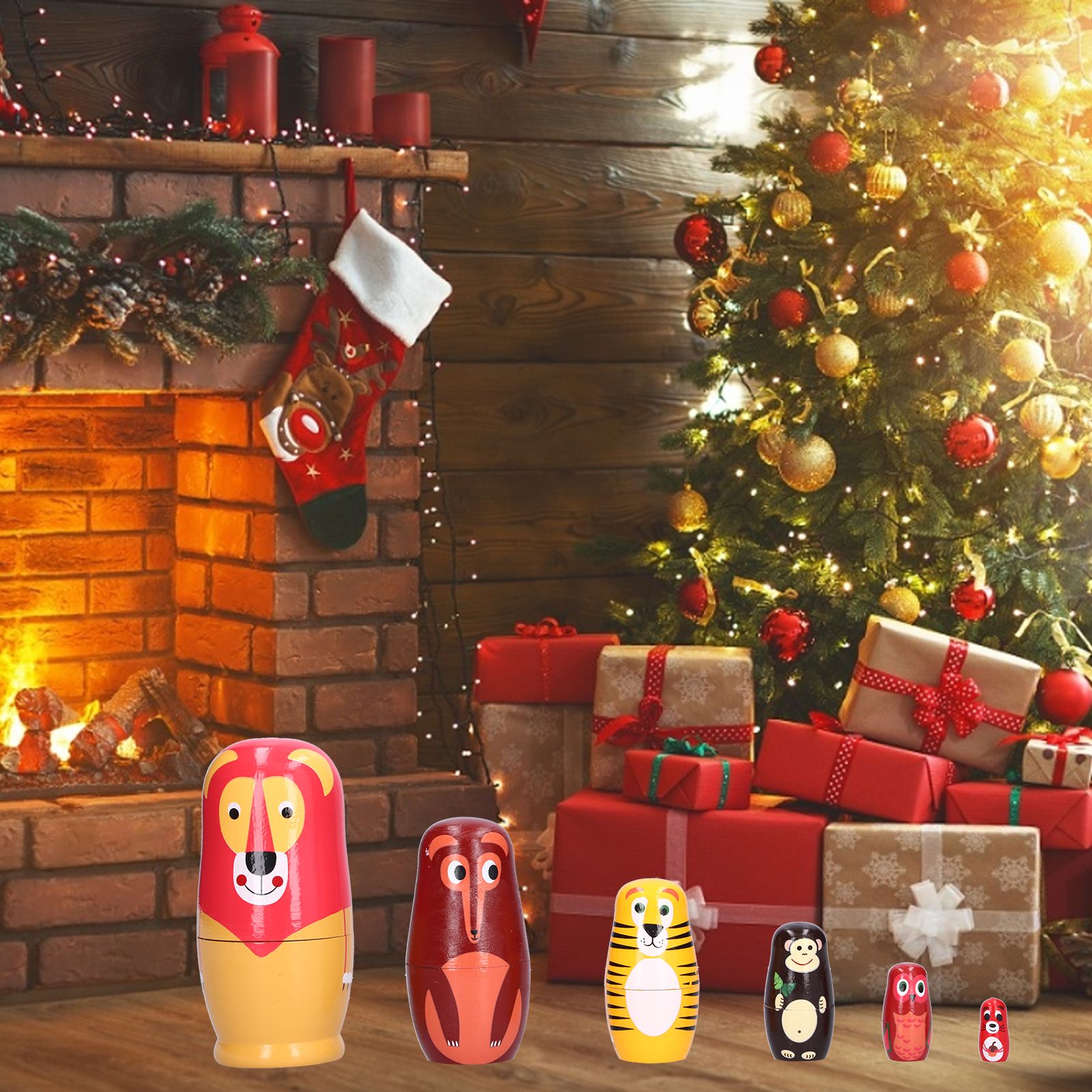 6Pcs Russian Nesting Dolls Kit Wooden Cartoon Animal Pattern Ornament view 12