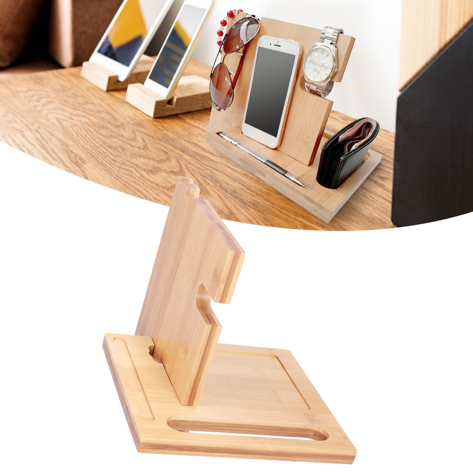 Wood Mobile Phone Holder MultiFunctional Wallet Storage Box for Home Office view 12