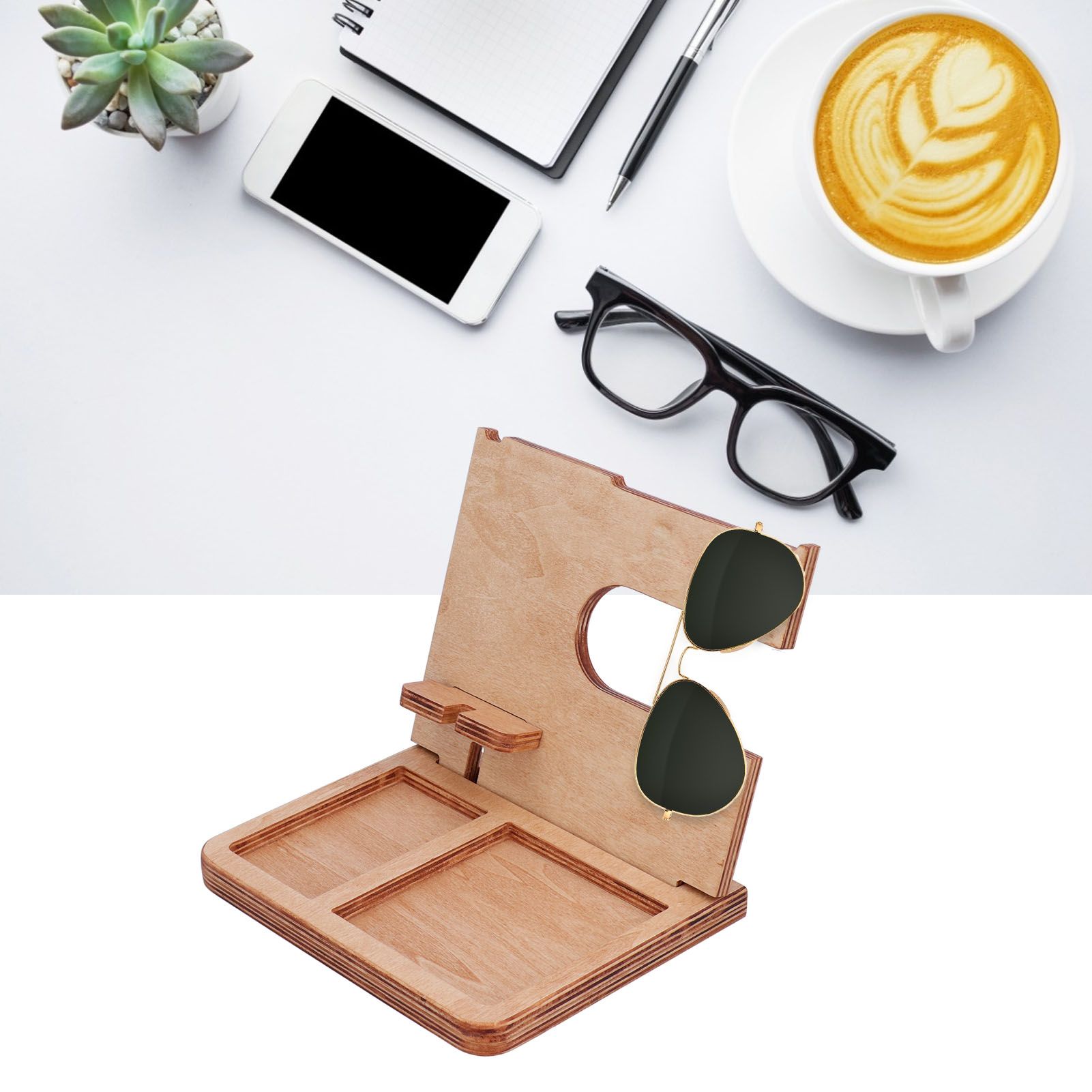 Wood Phone Docking Station Key Holder Desktop Storage Organizer Surface view 11