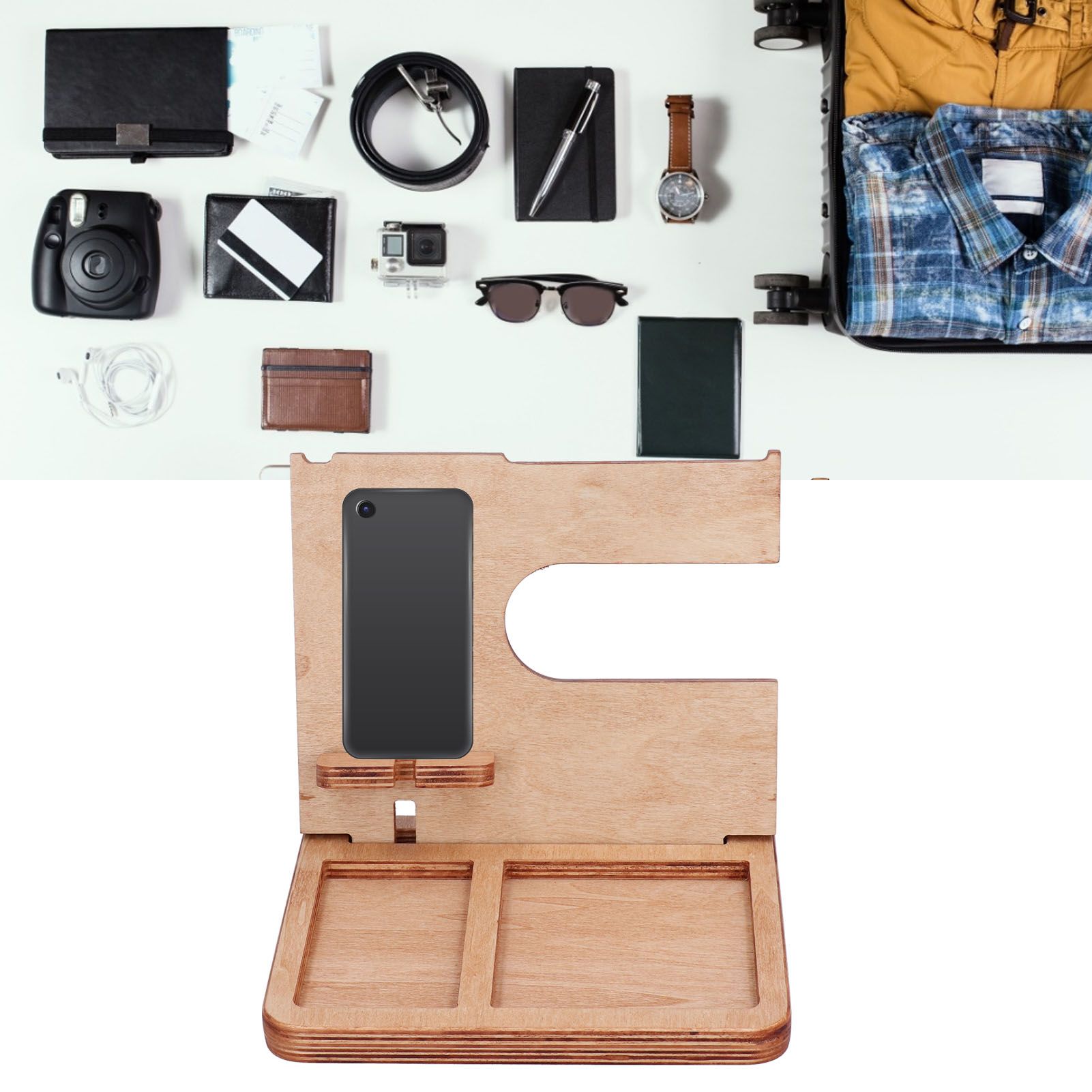 Wood Phone Docking Station Key Holder Desktop Storage Organizer Surface view 12