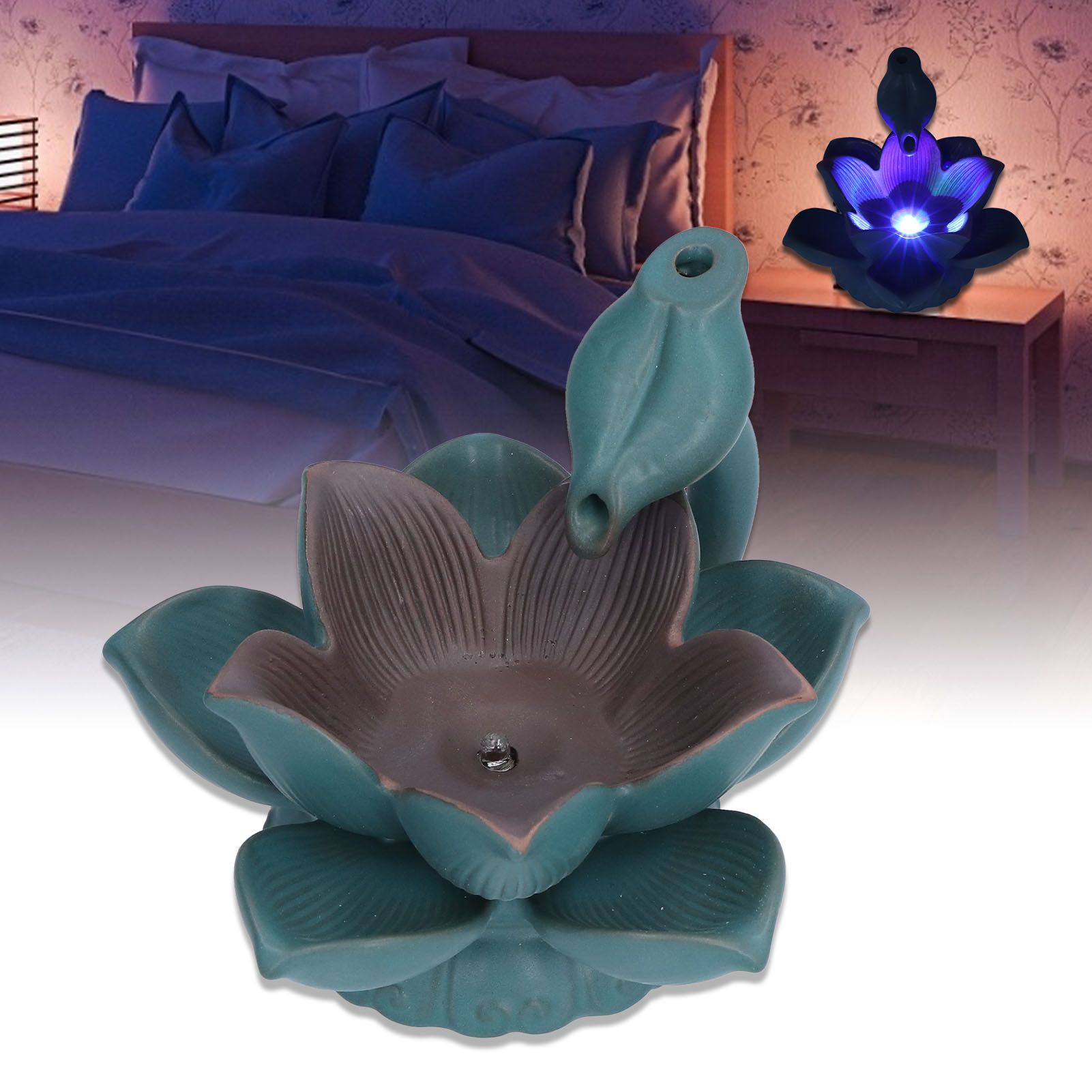Lotus Shape Backflow Burner 7‑Color LED Light Incense Burner Desktop Ornament view 11