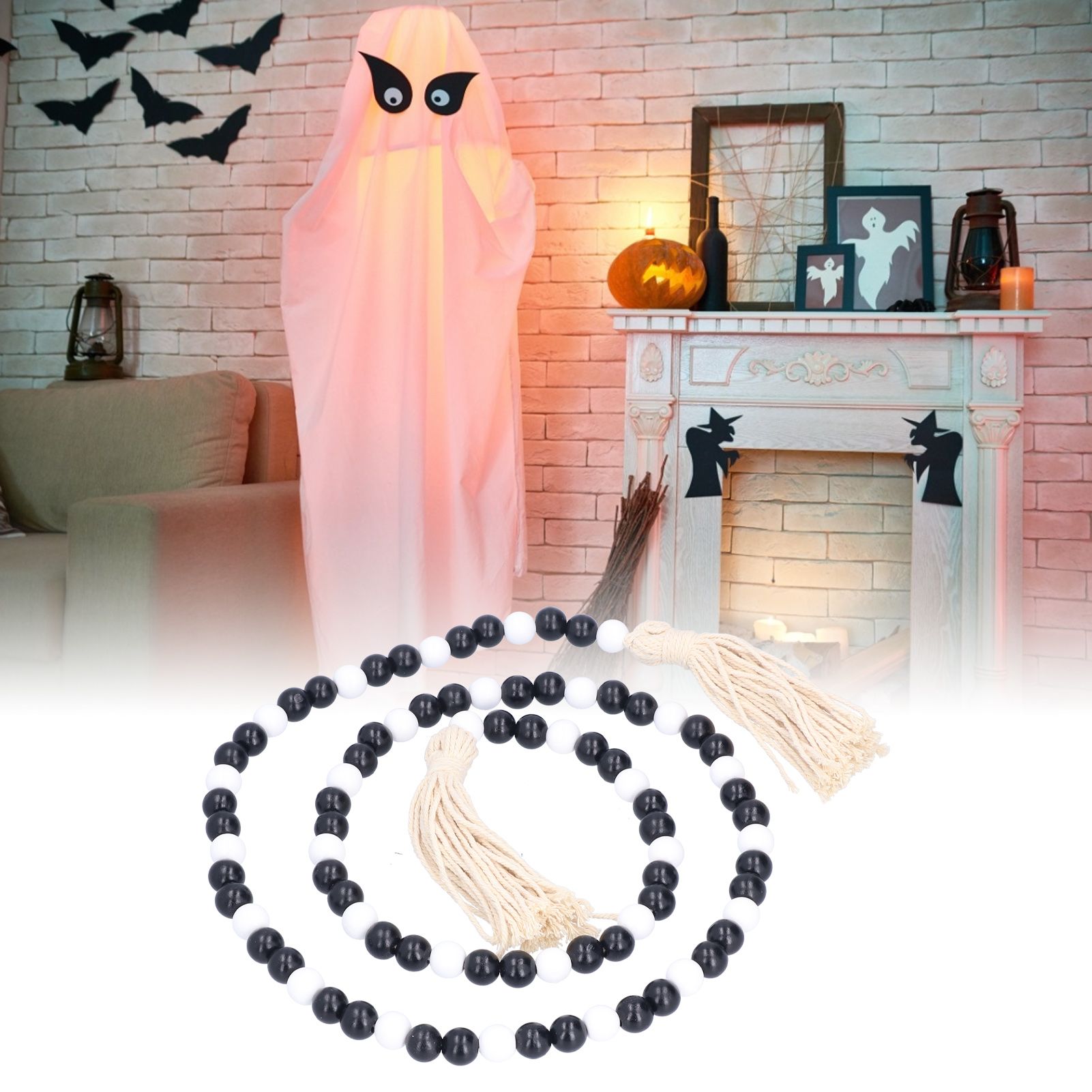Black White Wooden Beads Garland with Tassels Home Decoration for Christmas view 11