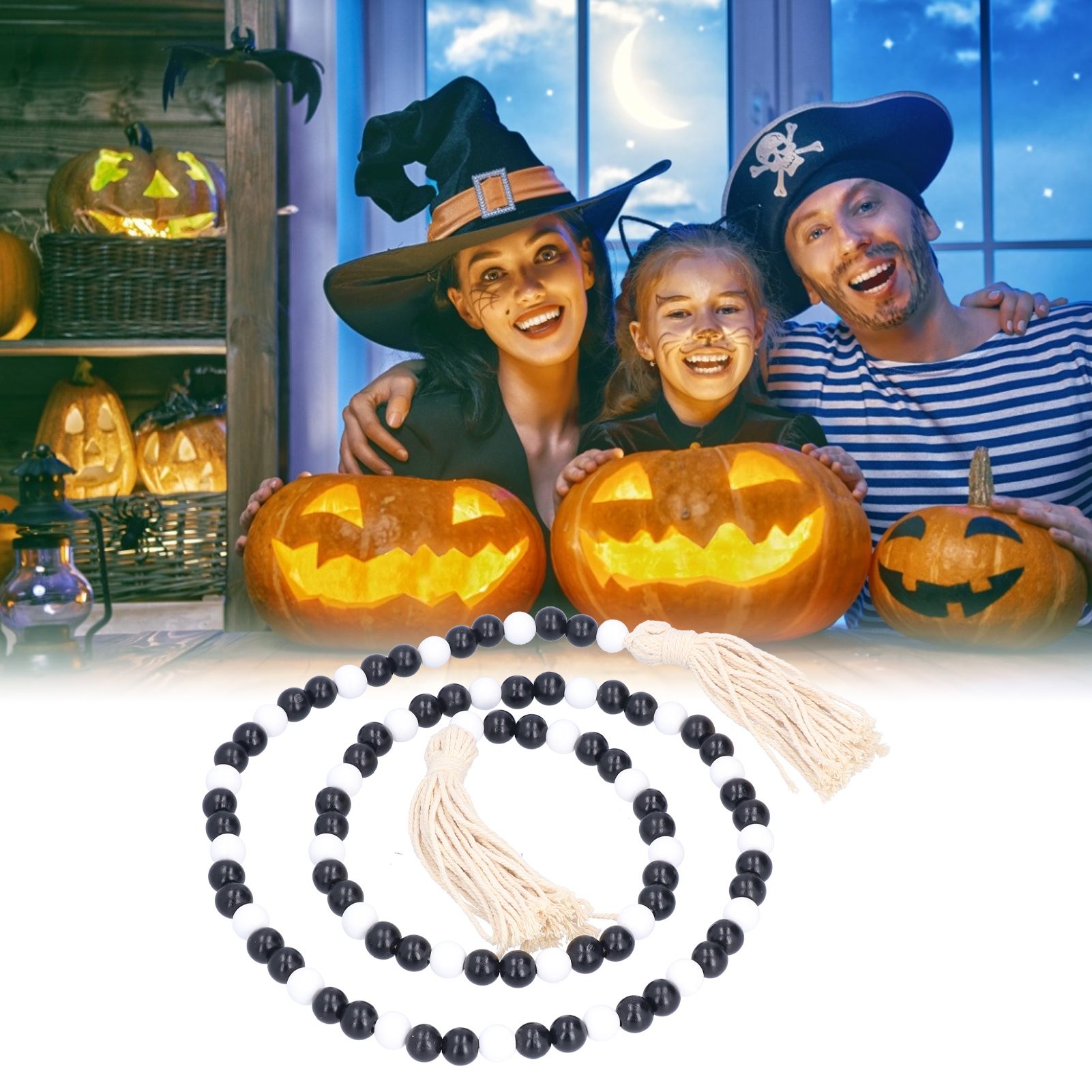 Black White Wooden Beads Garland with Tassels Home Decoration for Christmas view 12