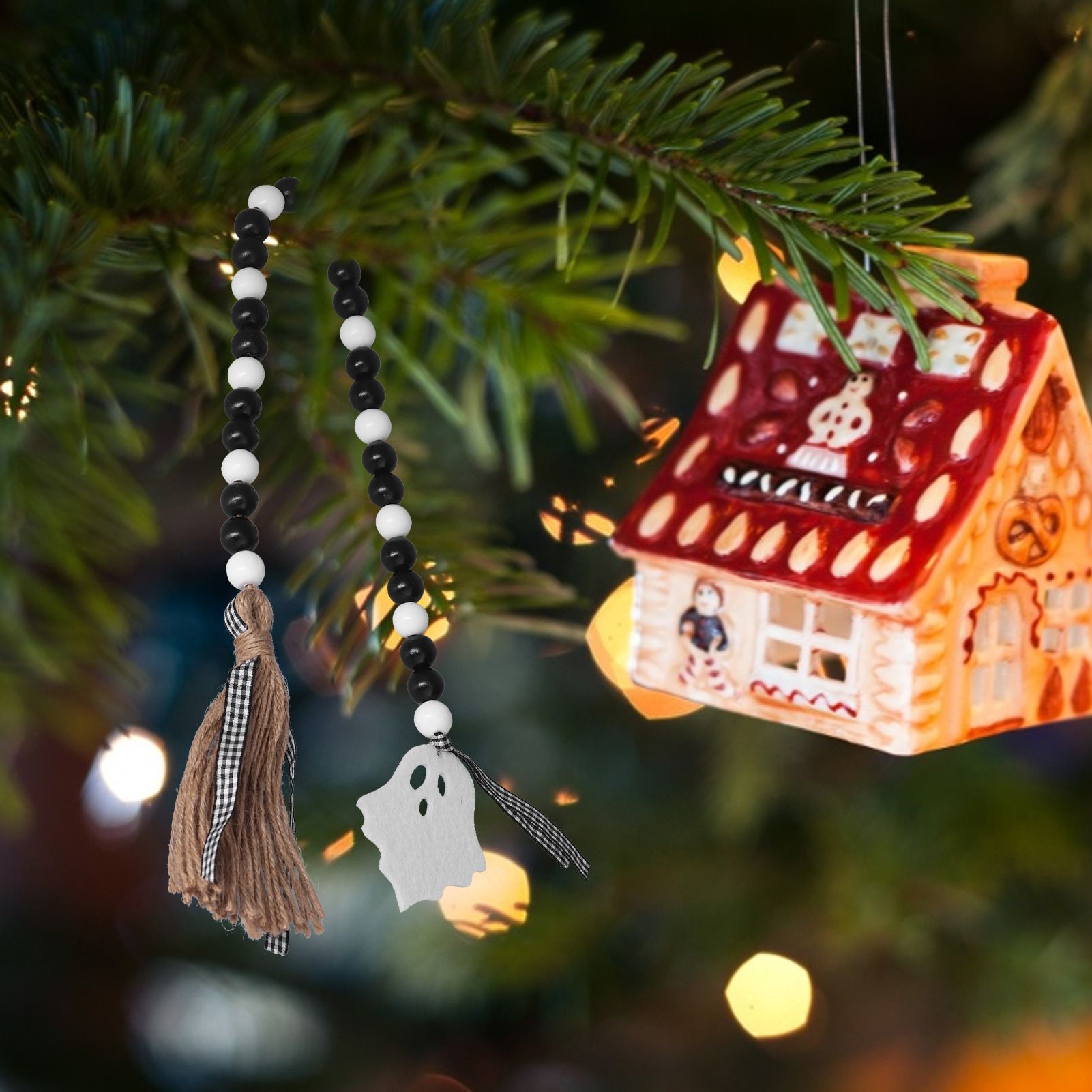 Halloween Wood Bead Garland Black White Wooden Beads String with Tassels for view 11