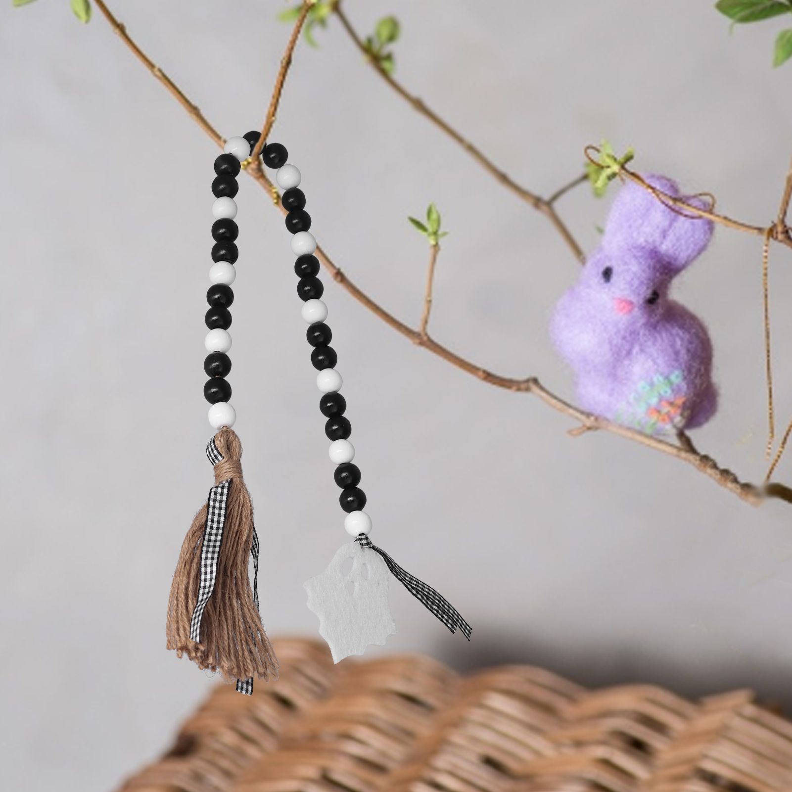Halloween Wood Bead Garland Black White Wooden Beads String with Tassels for view 12
