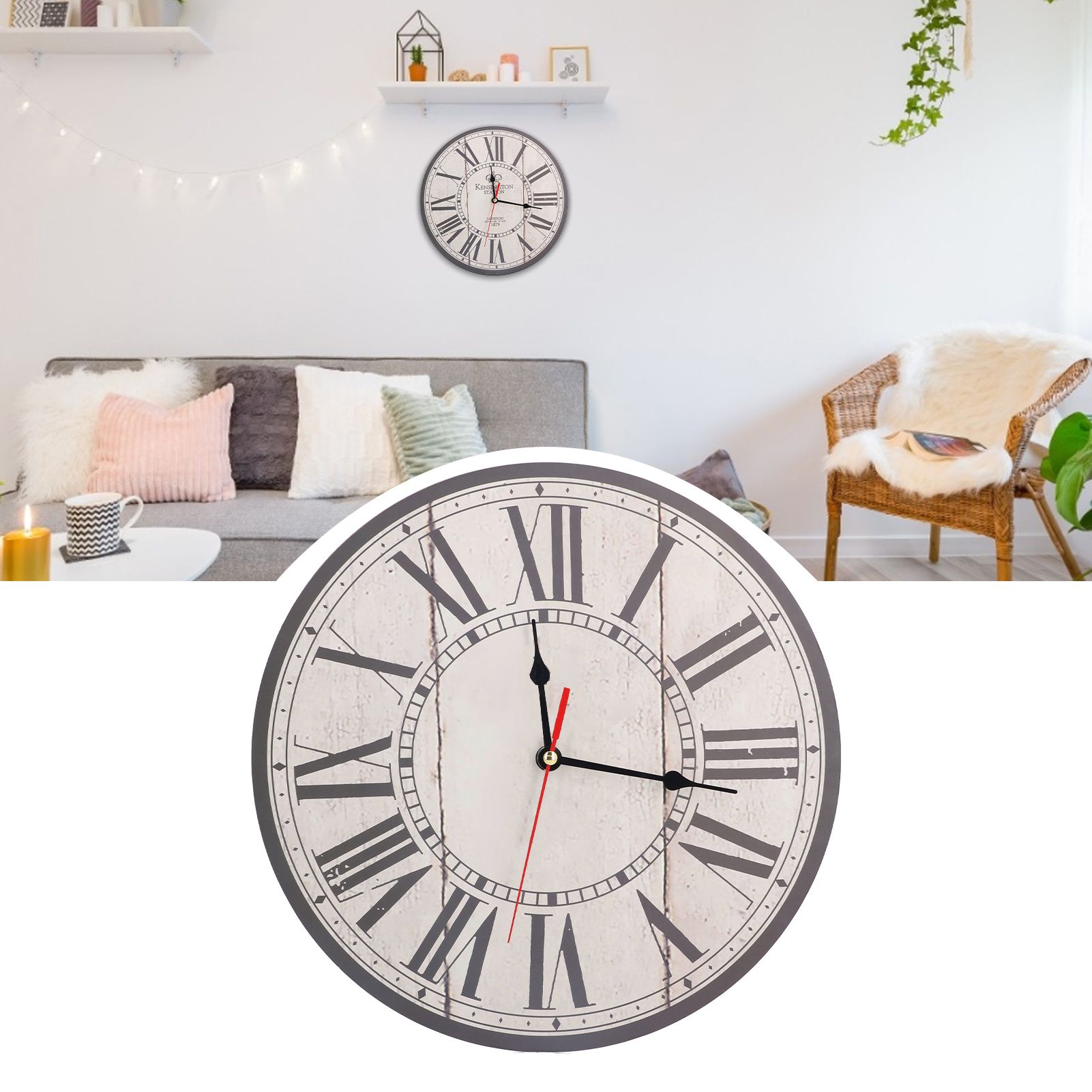 Wall Clock Silent Retro Vintage Style Wooden Round Clock with Roman Numerals view 11