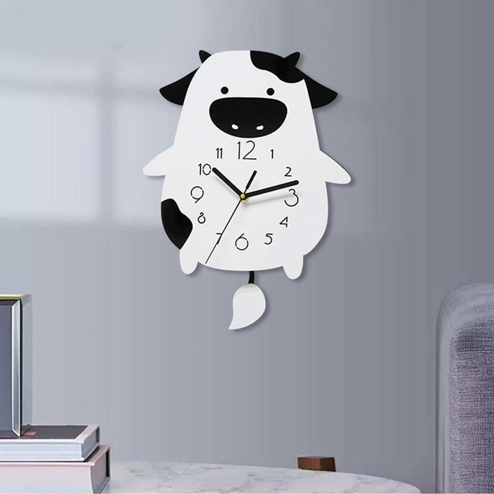 Acrylic Wall Clock Cartoon Cow Shape Silent Movement Decorative Swinging Clock view 9