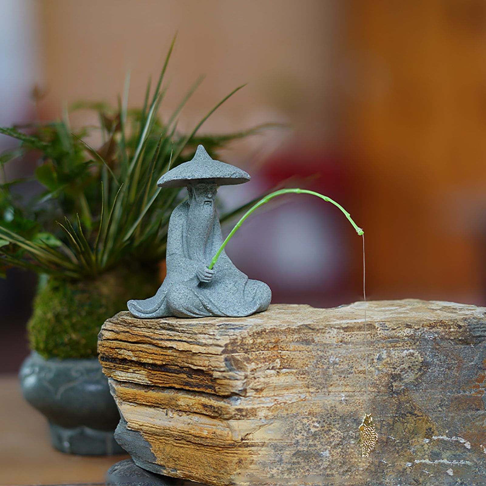 Mini Fisherman Statue Aquarium Sitting Fishing Figurine Asian Zen Decoration view 8