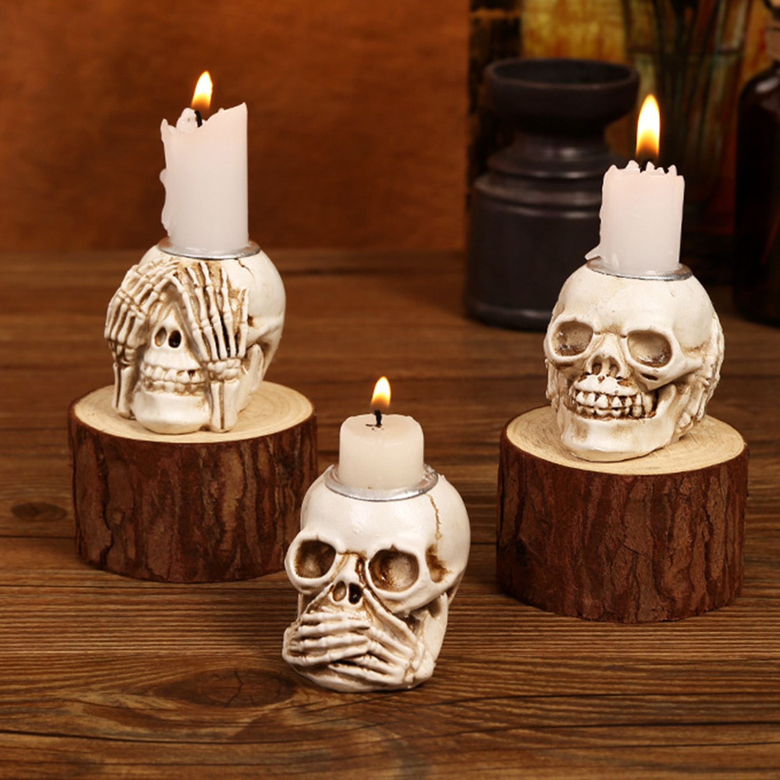 3PCS Skull Candle Holder Set Decorative Resin Stable Base Skeleton Candlestick view 7