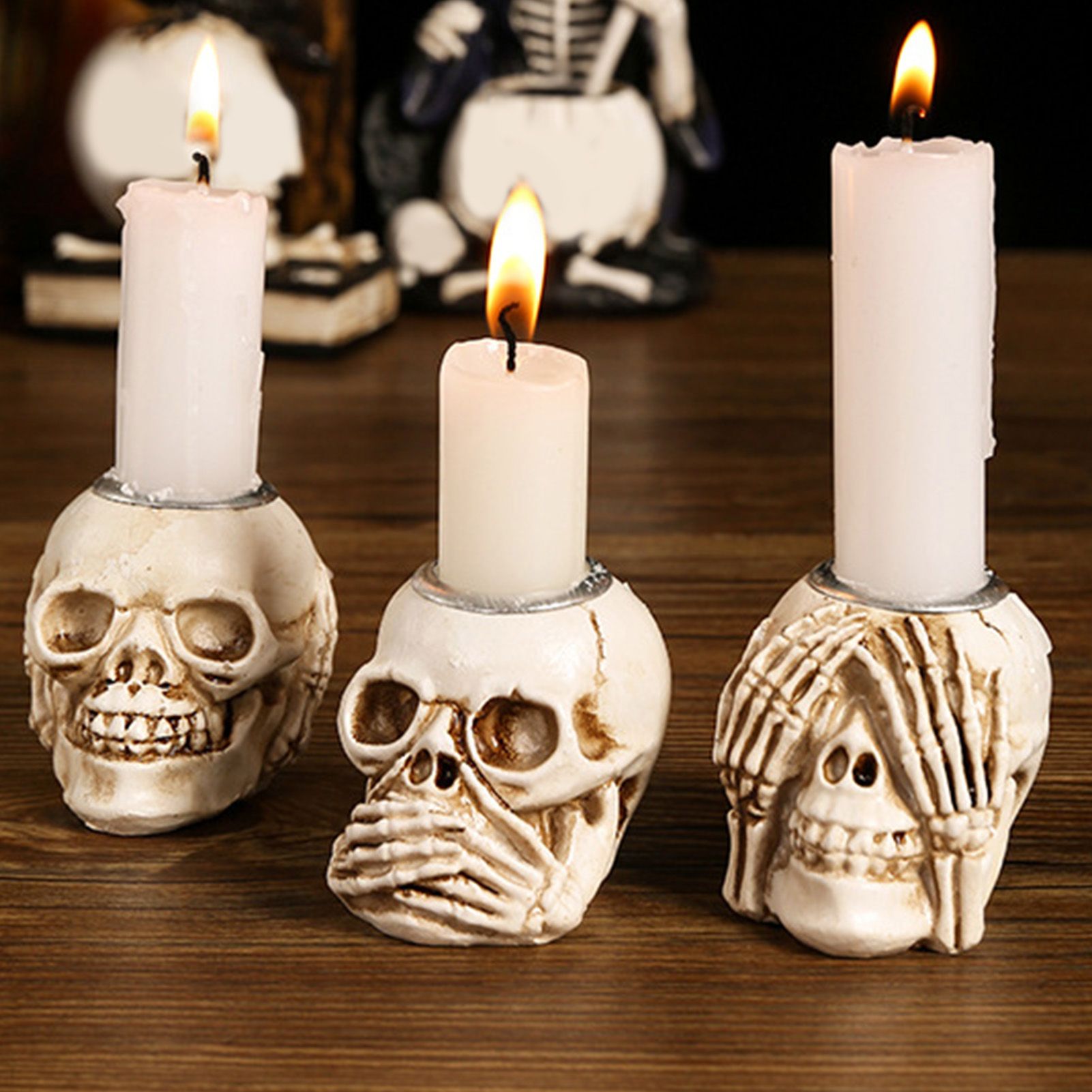 3PCS Skull Candle Holder Set Decorative Resin Stable Base Skeleton Candlestick view 8