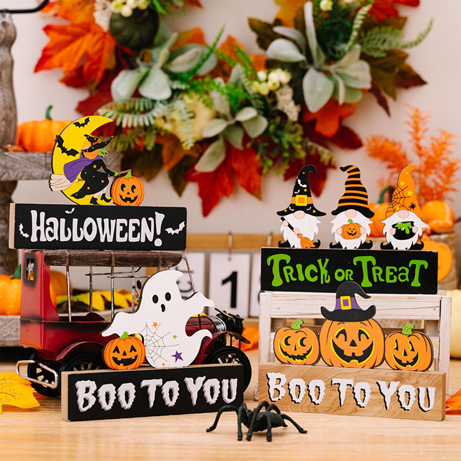 5PCS Hallowmas Table Decorations Lovely Aesthetic Wooden Pumpkin Table view 6