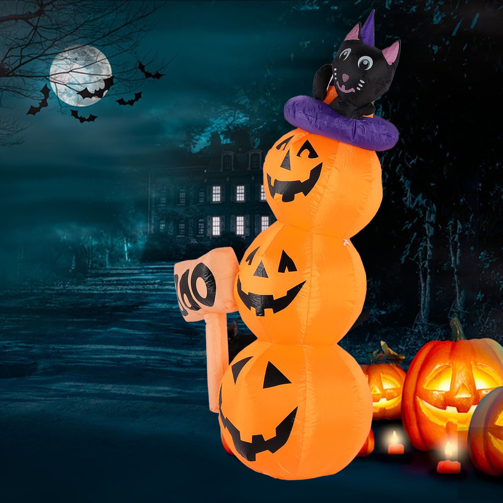 Pumpkin Stack Decoration 1.6m LED Black Cat Pumpkins Inflatable Yard Lawn view 12