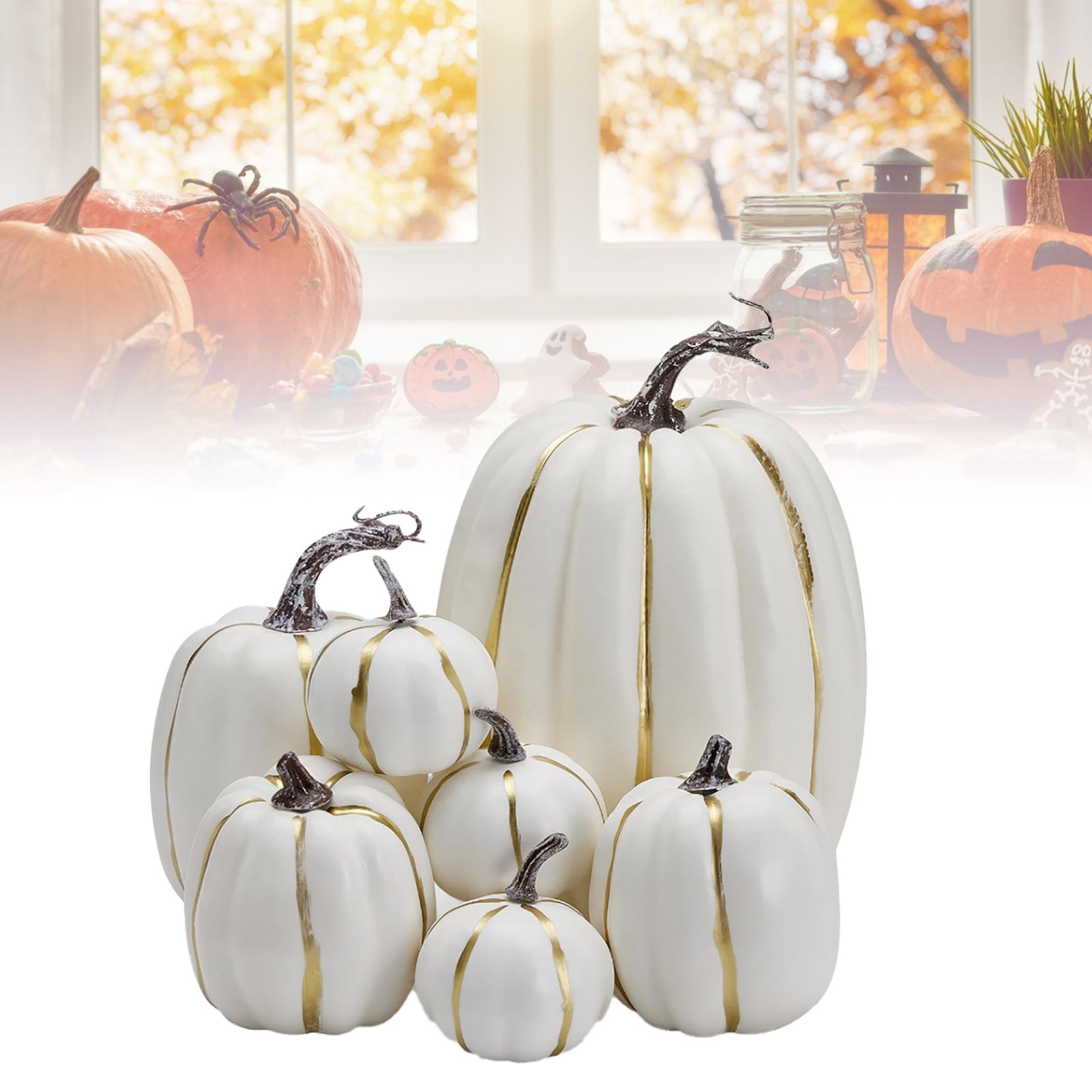 7PCS White Pumpkin Decoration Foam Pumpkin Props Decorative Artificial view 9