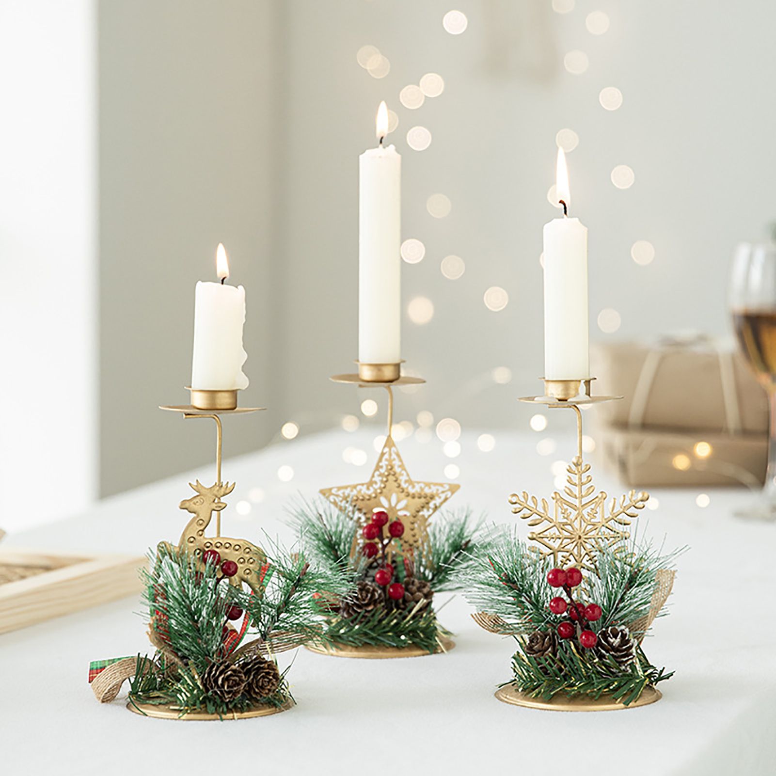 Xmas Candle Holder with Pinecone Decor Gold Iron Strong Load Bearing Xmas view 8