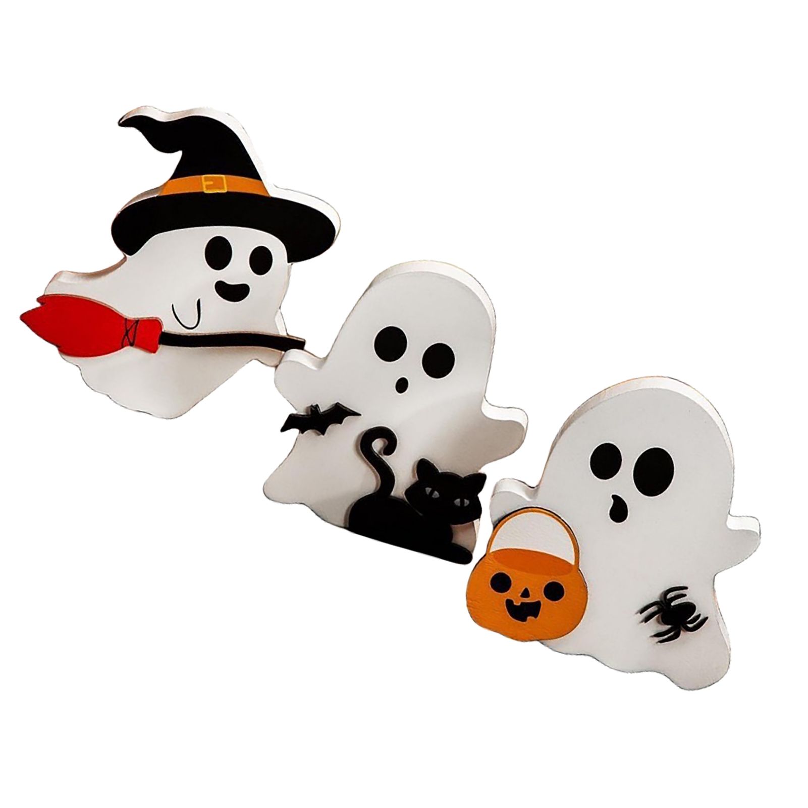 3pcs Cute Ghost Decorations Indoor Wooden Tiered Tray Decor Table Sign Black view 6