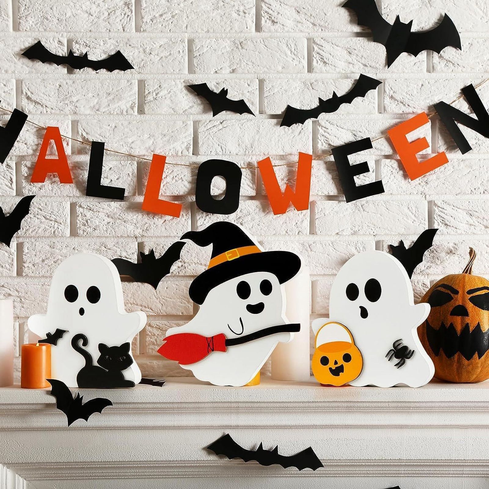 3pcs Cute Ghost Decorations Indoor Wooden Tiered Tray Decor Table Sign Black view 8