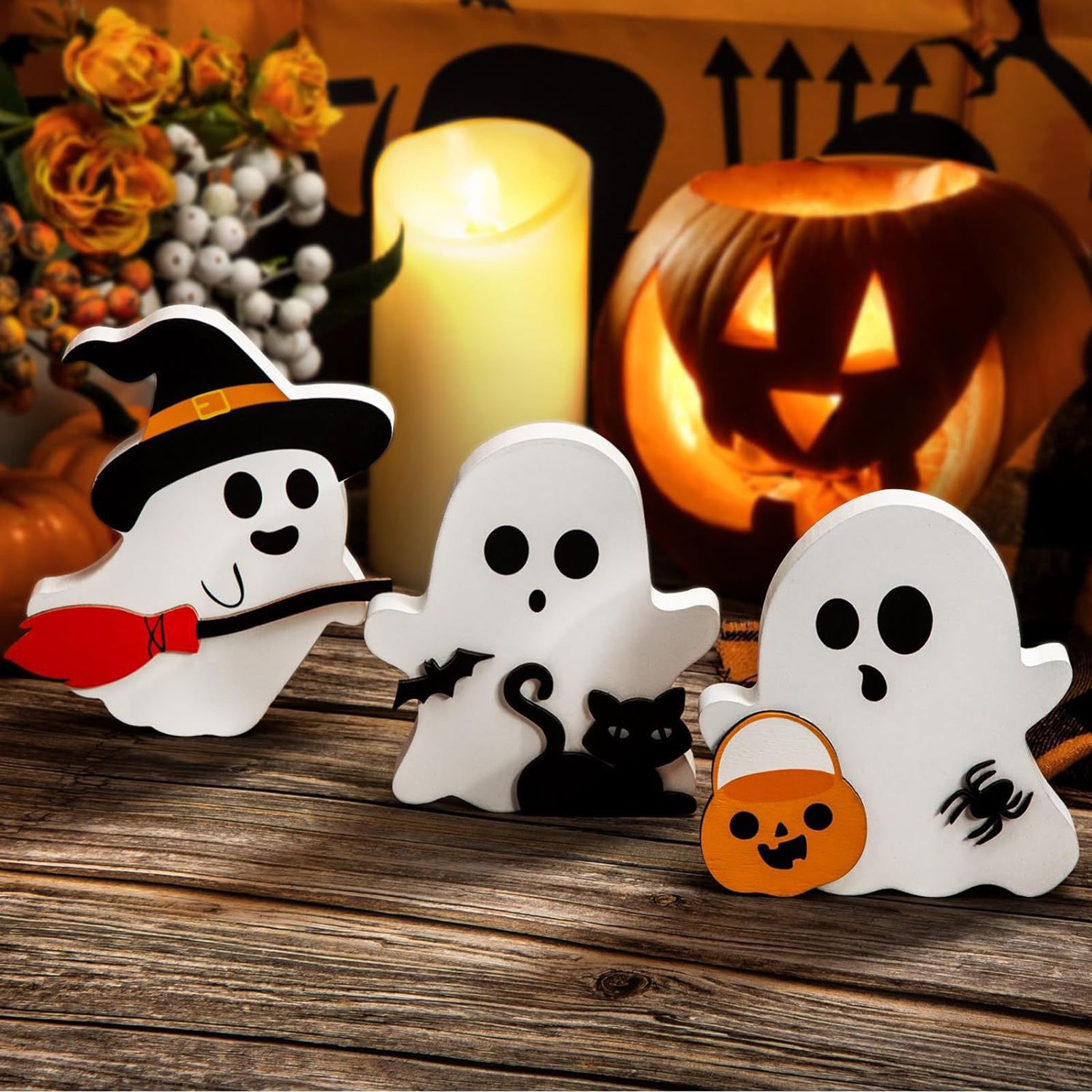 3pcs Cute Ghost Decorations Indoor Wooden Tiered Tray Decor Table Sign Black view 9