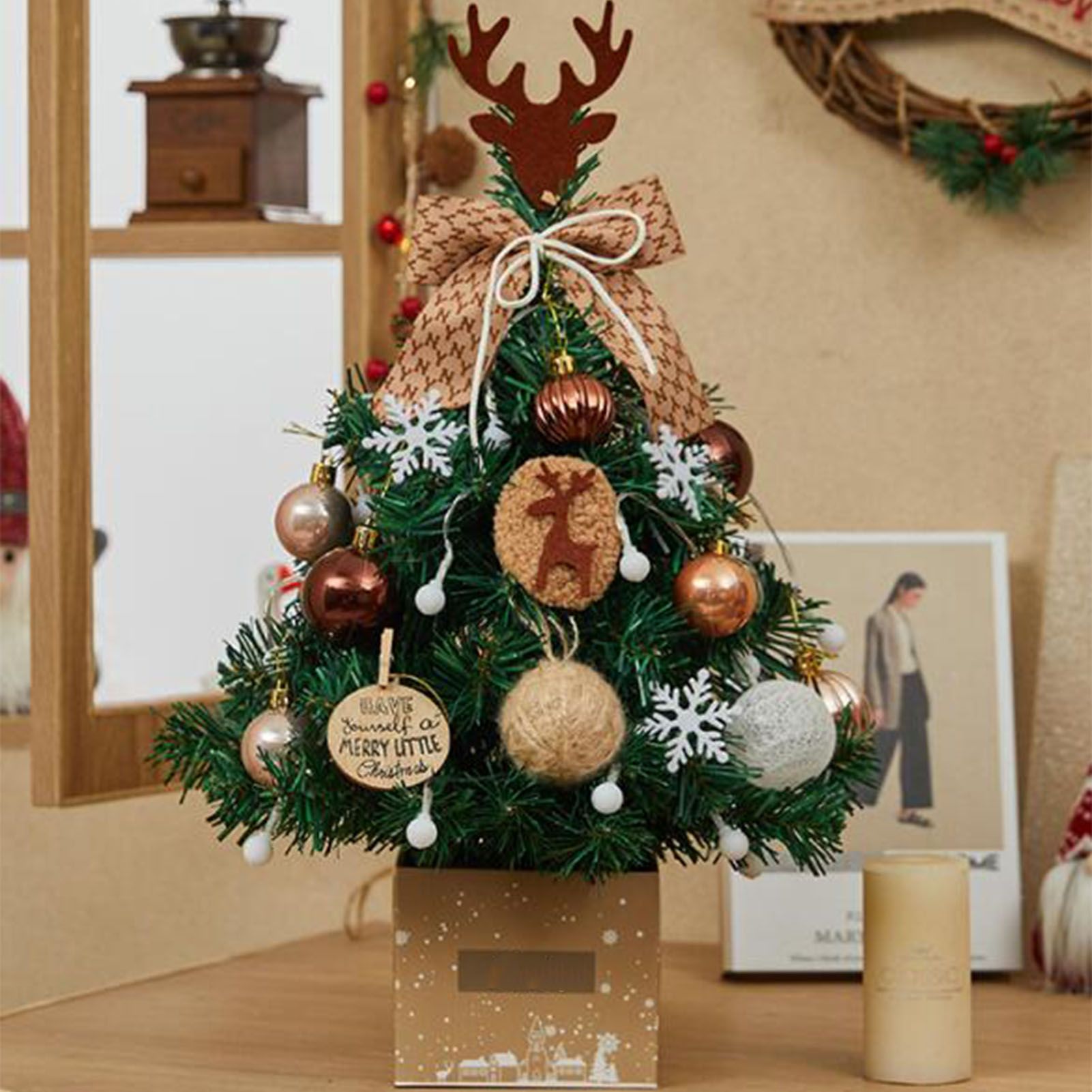 Mini Xmas Tree with Deer Horn Adjustable Light Strings Tabletop Small Destop view 9