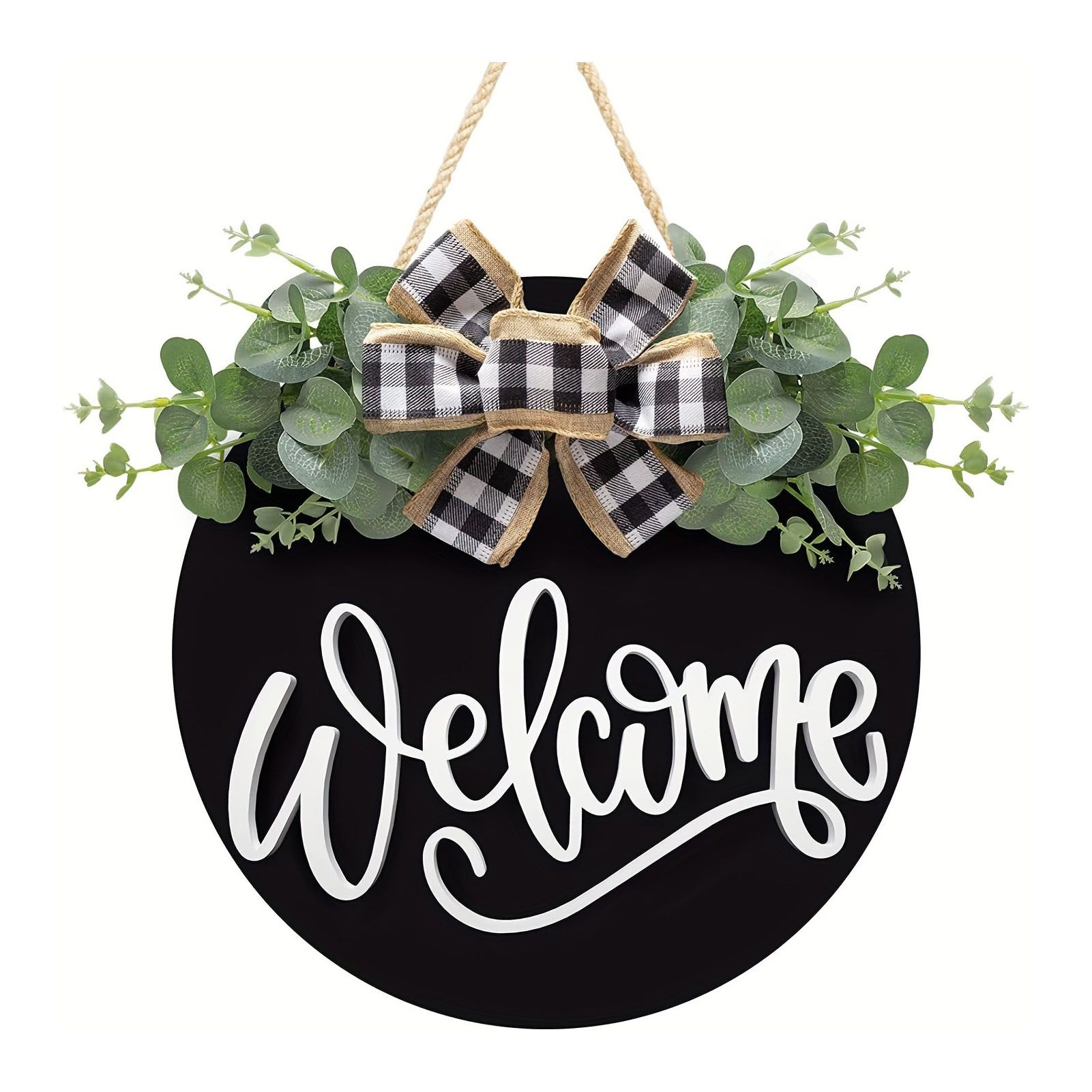 Welcome Door Sign Black Color Wreath Round Shape Hanging Welcome Doorplate for view 2