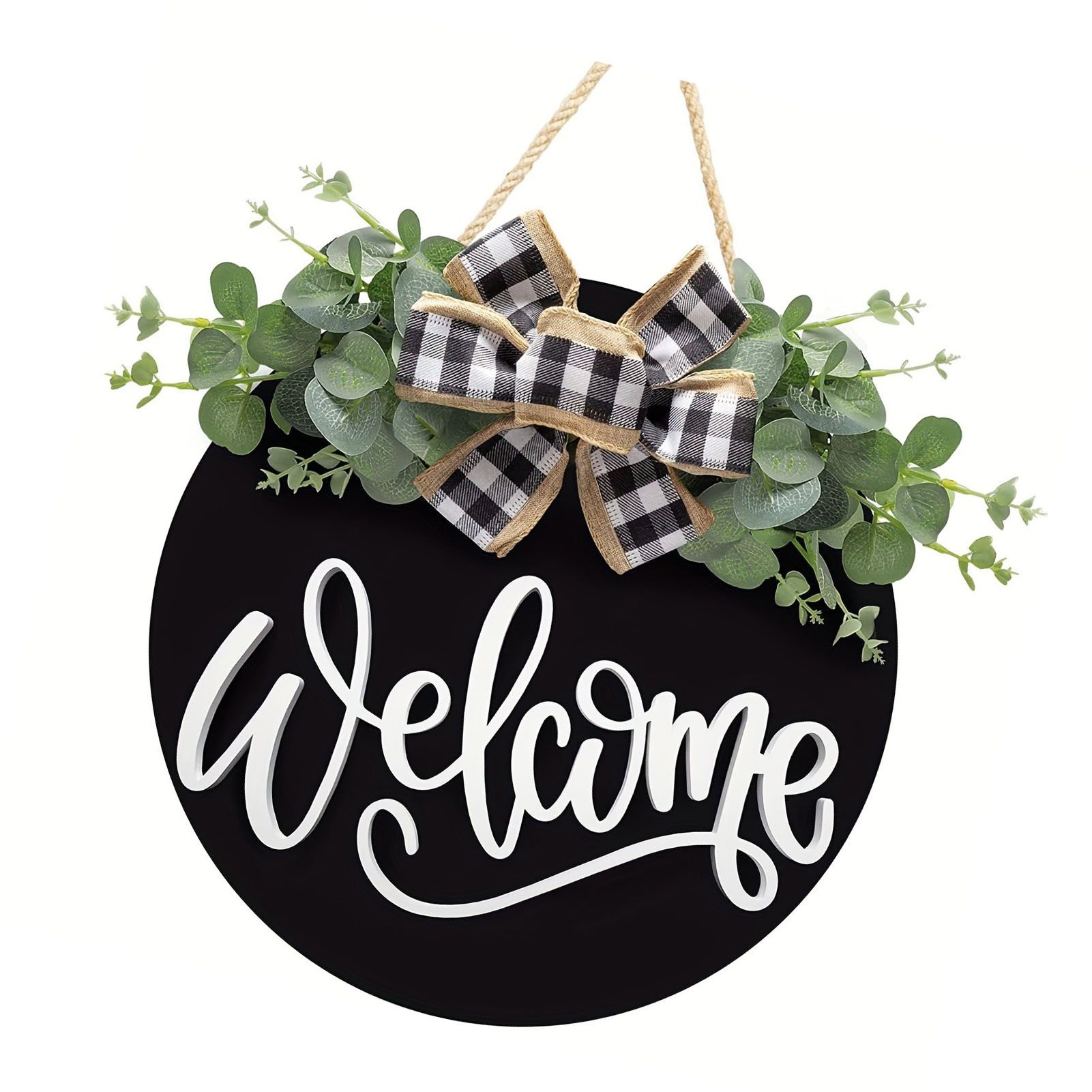 Welcome Door Sign Black Color Wreath Round Shape Hanging Welcome Doorplate for view 3