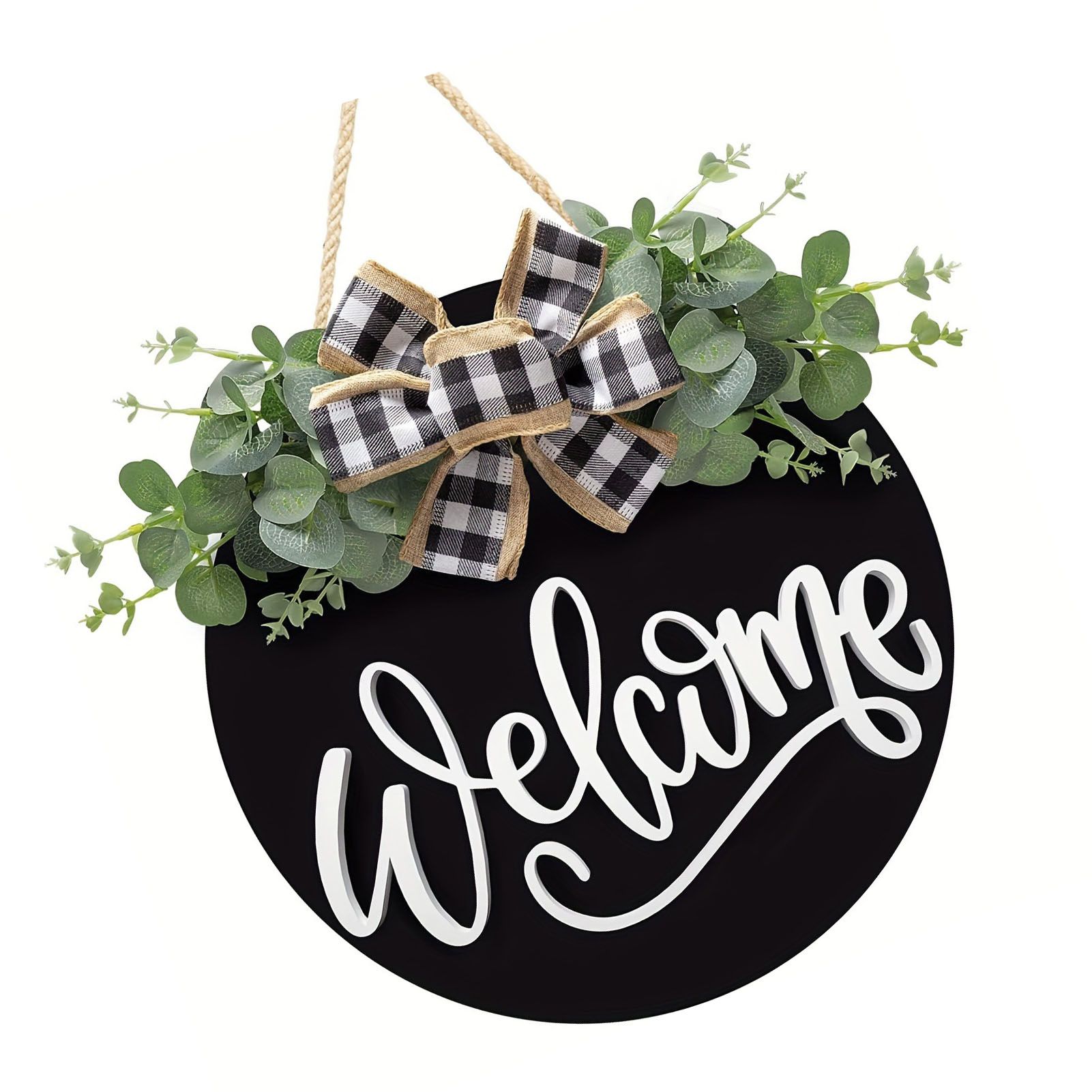 Welcome Door Sign Black Color Wreath Round Shape Hanging Welcome Doorplate for view 4