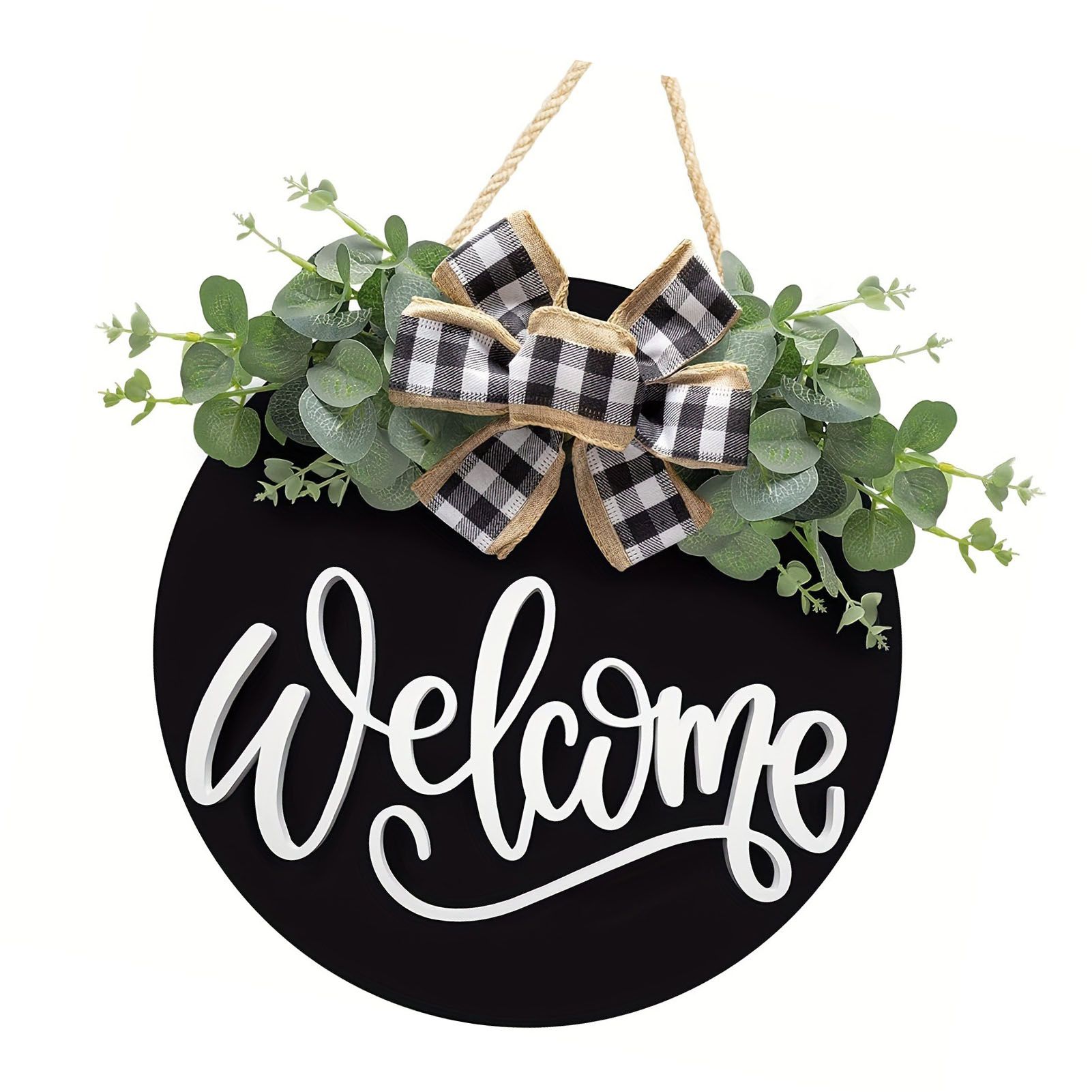 Welcome Door Sign Black Color Wreath Round Shape Hanging Welcome Doorplate for view 5