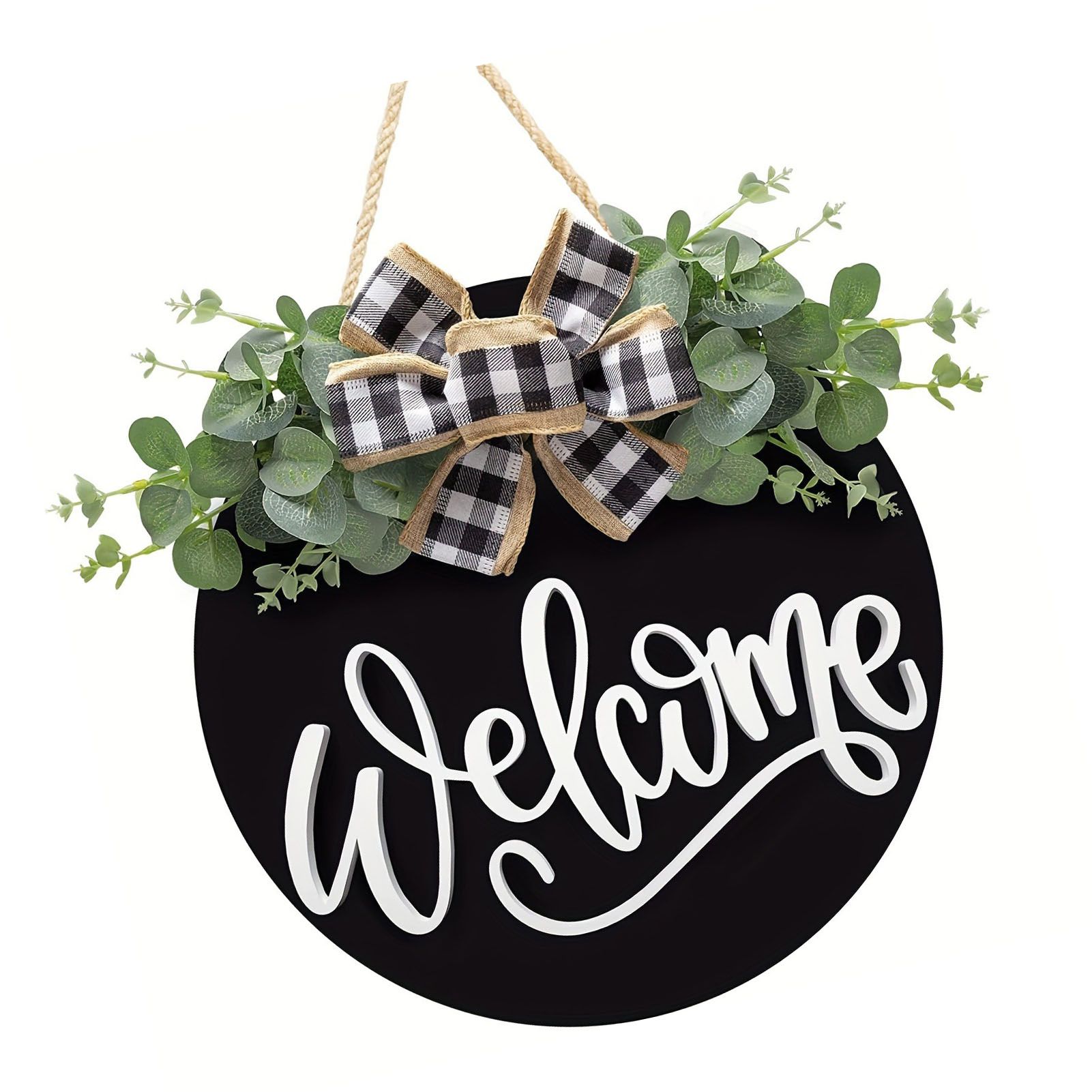 Welcome Door Sign Black Color Wreath Round Shape Hanging Welcome Doorplate for view 6